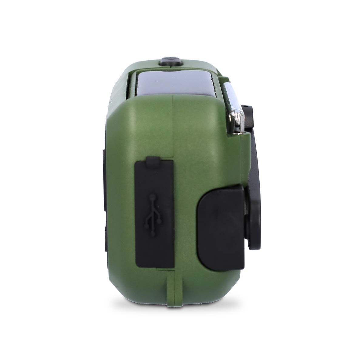 Green hand-crank radio with solar panel, USB port, and antenna.