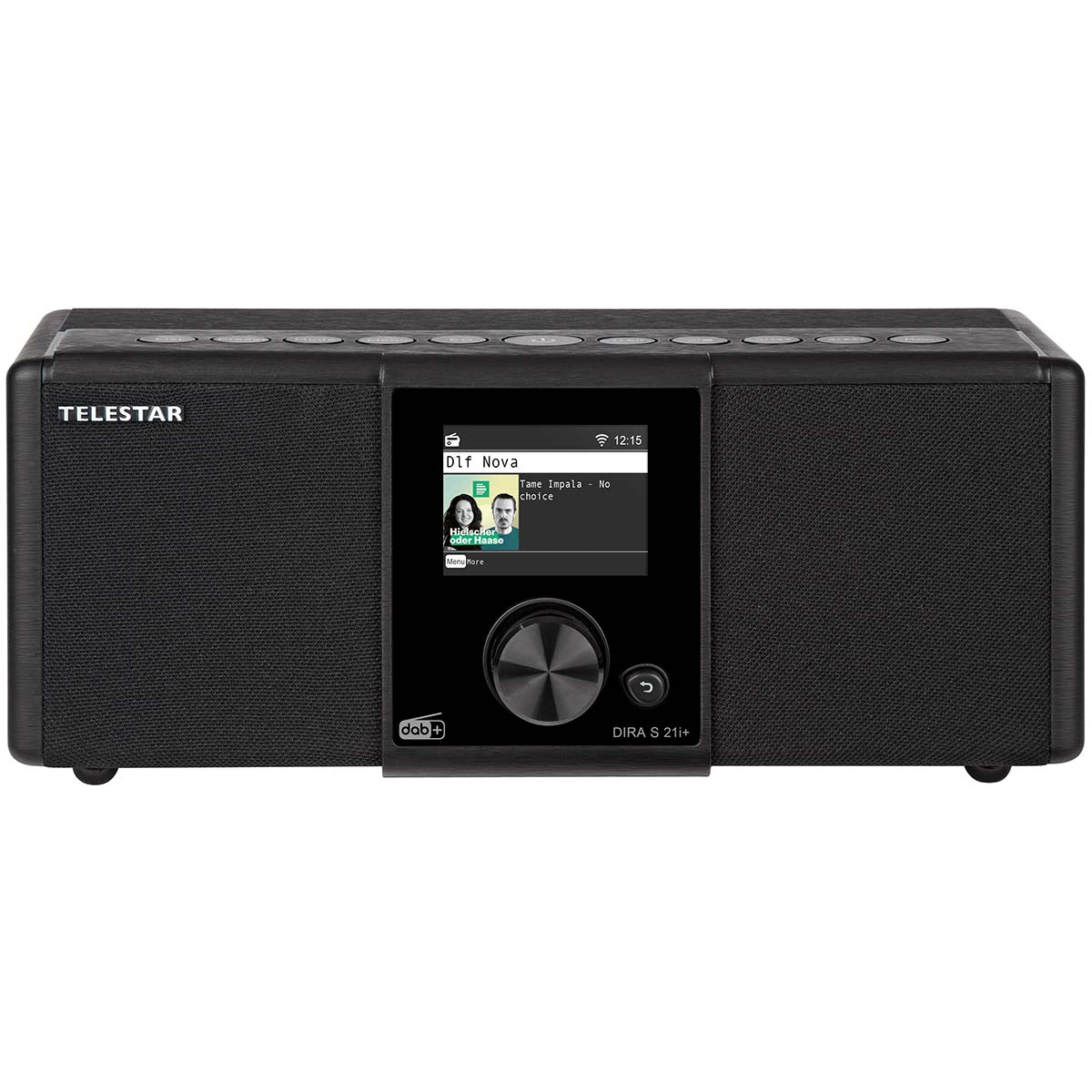 Black Telestar DAB+ radio with a screen displaying song title and artist.