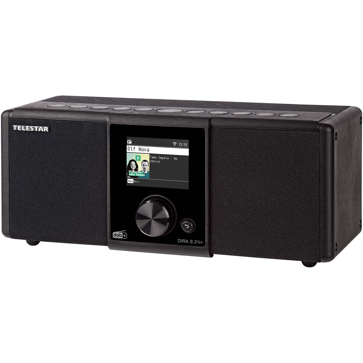 Black Telestar DAB+ radio with a screen, dial, and speakers.