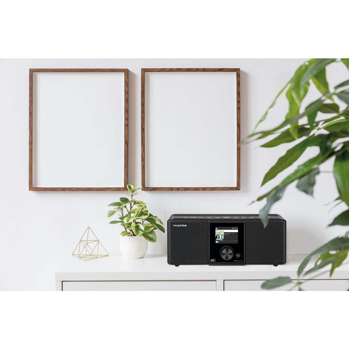 A black digital radio sits on a white shelf next to a plant.