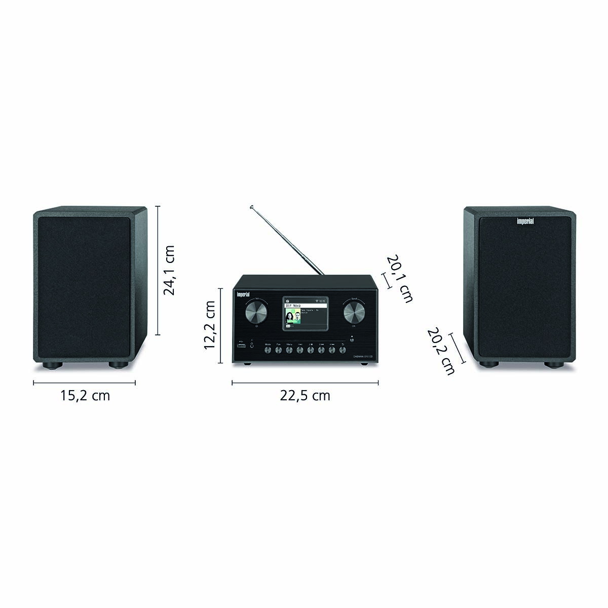 Drei schwarze Audiogeräte: zwei Lautsprecher und ein zentrales Radio mit Antenne.