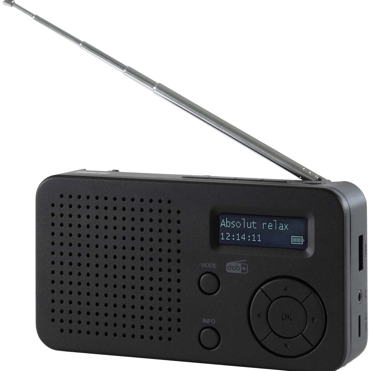 Une radio DAB+ noire avec antenne déployée et écran LCD.