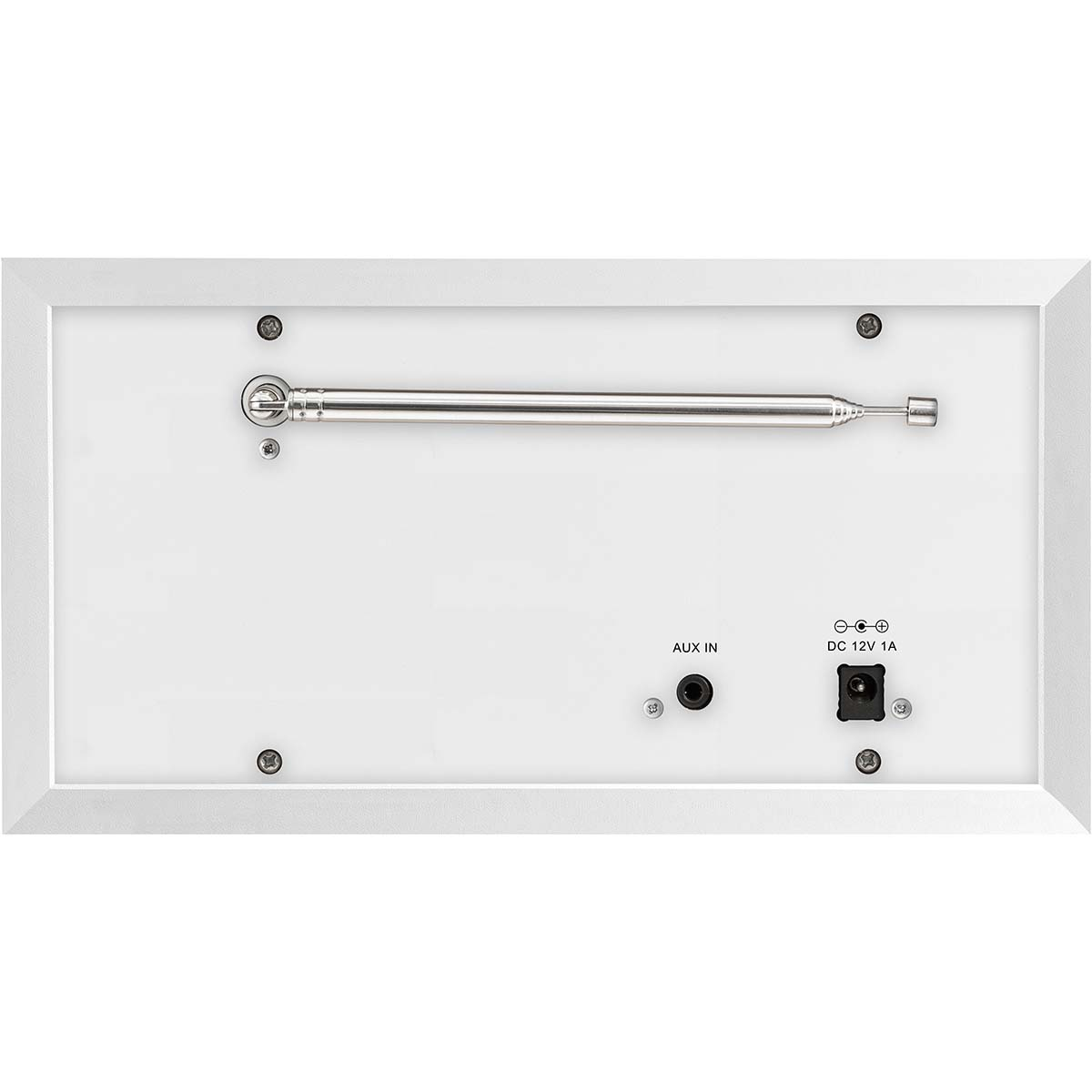 Back of a white device with a telescopic antenna and ports.