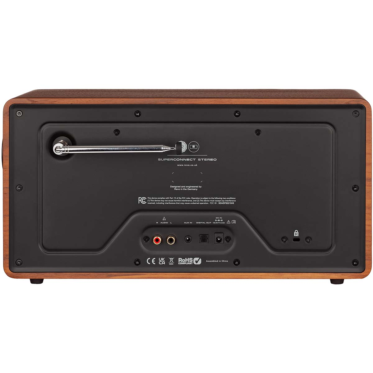 Rear view of a wooden radio with extendable antenna, ports, and certifications.