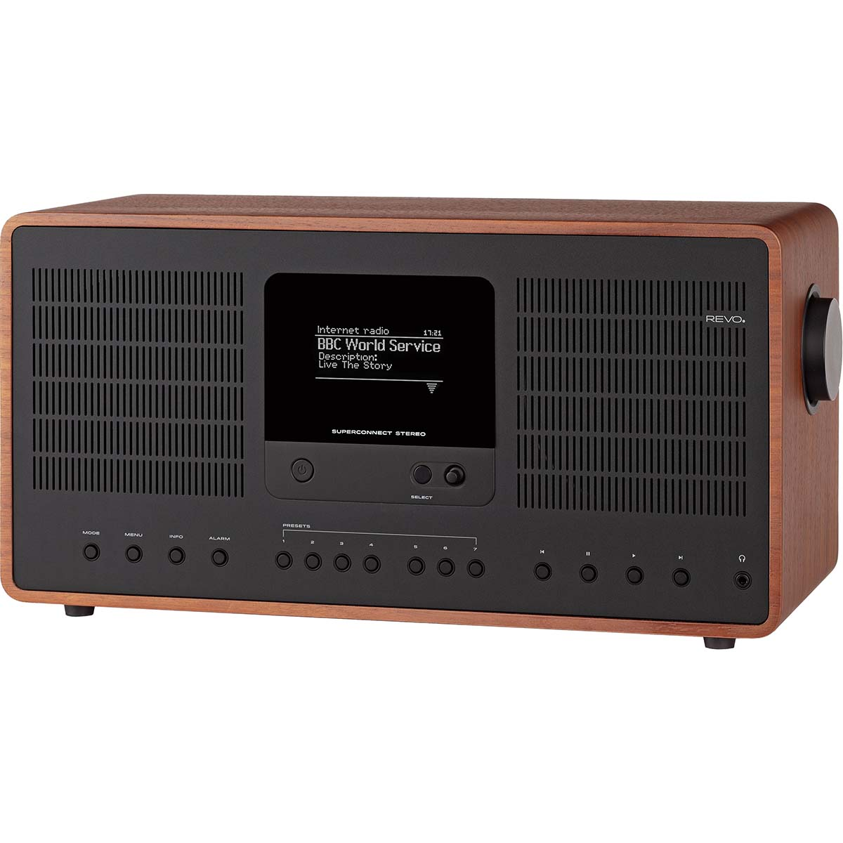 A brown wood radio with a black control panel and display shows BBC World Service.