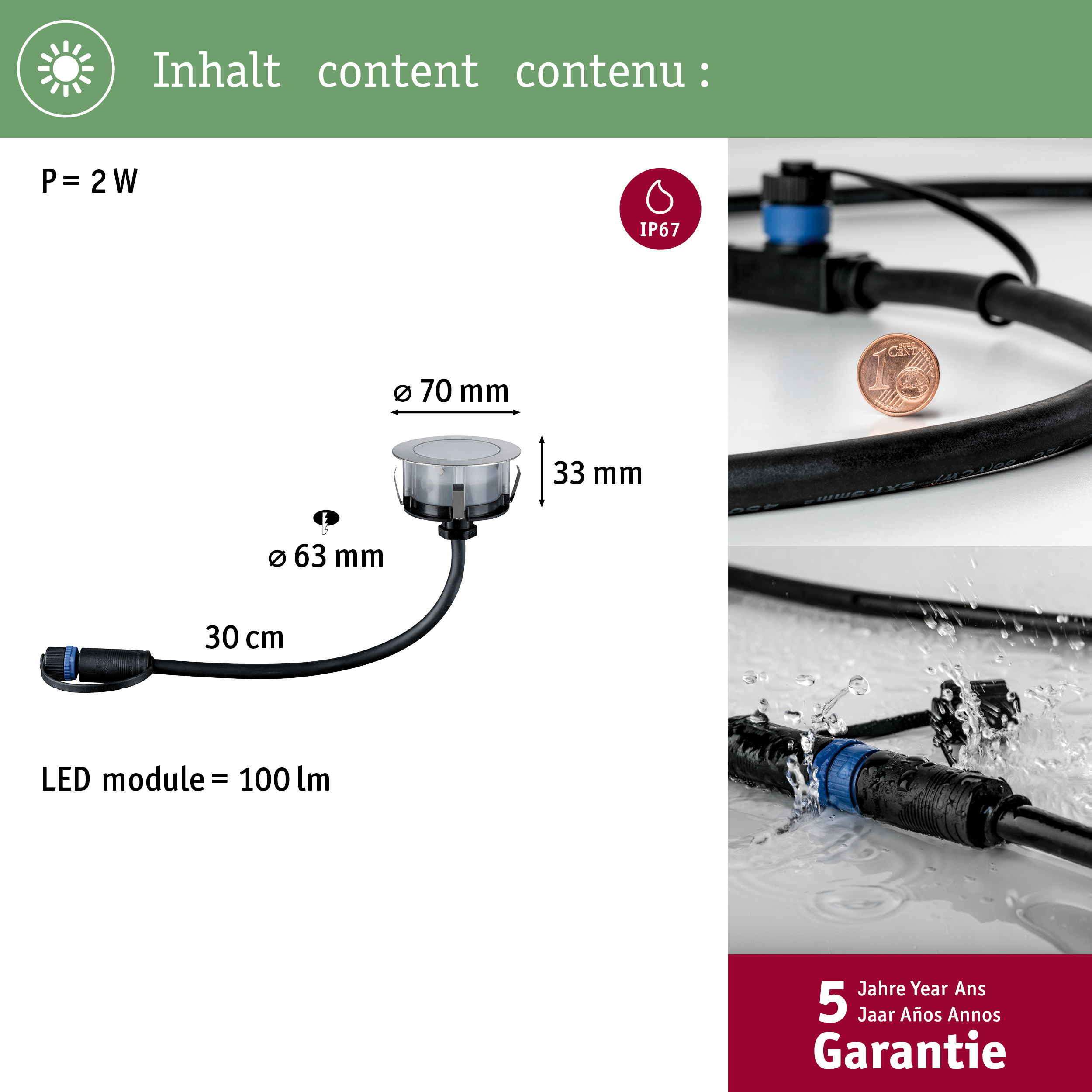 Moduł LED 2W, średnica 70mm, wysokość 33mm, IP67.