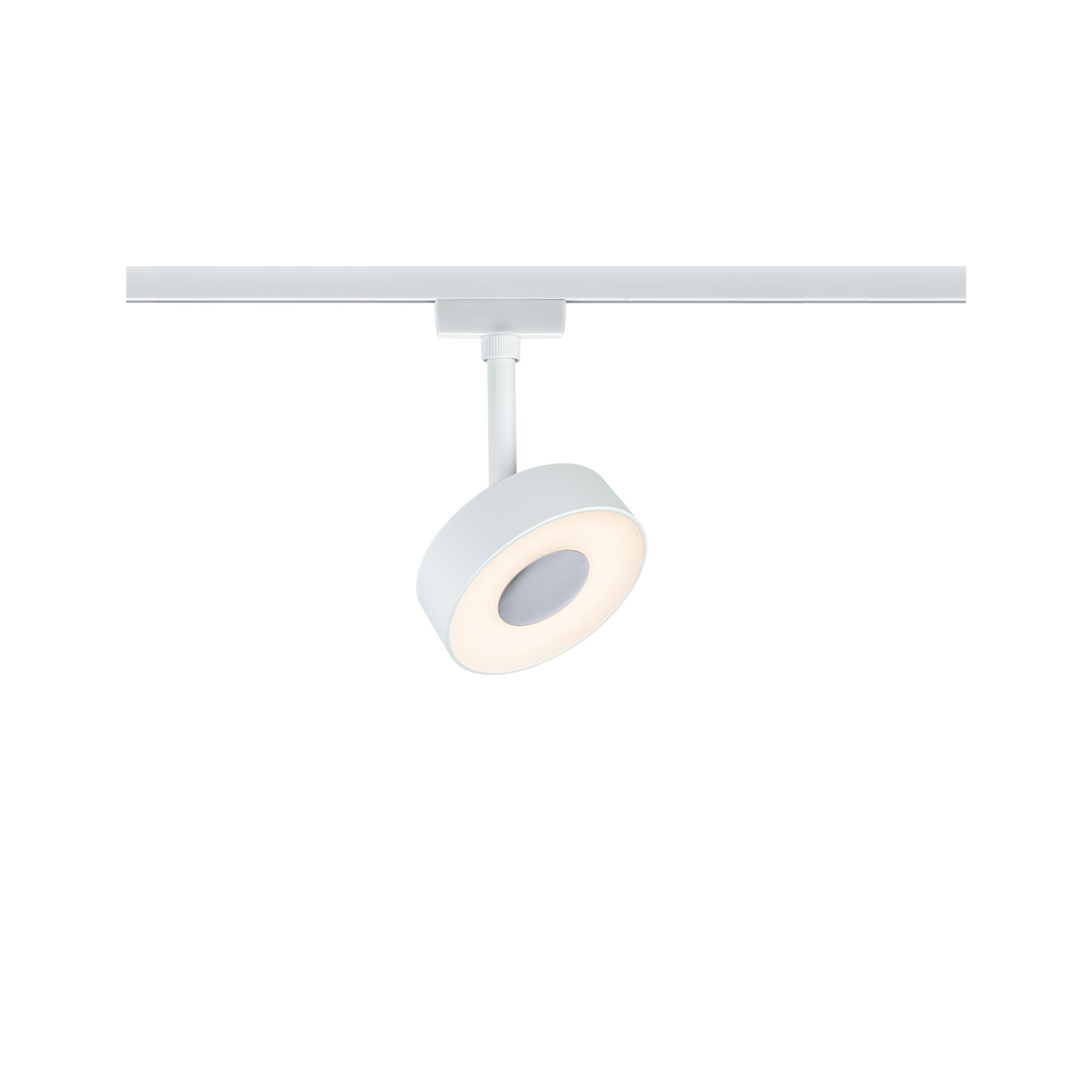 Biały reflektor z okrągłą głowicą na szynie.