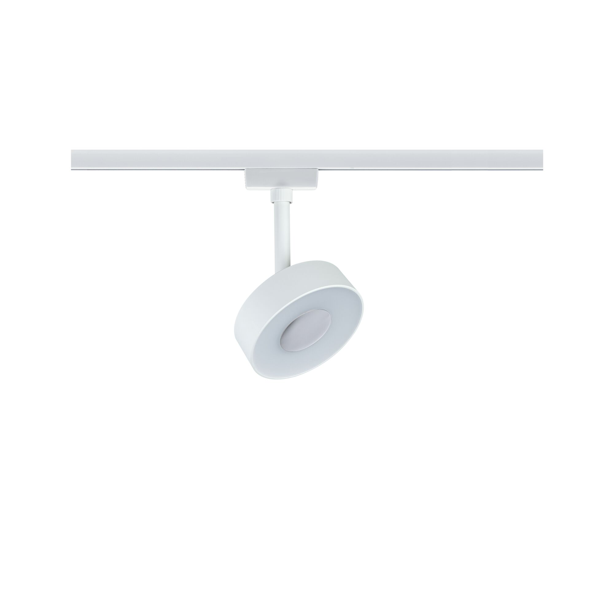 Biała lampa punktowa na szynie z okrągłym kloszem przymocowana do szyny.