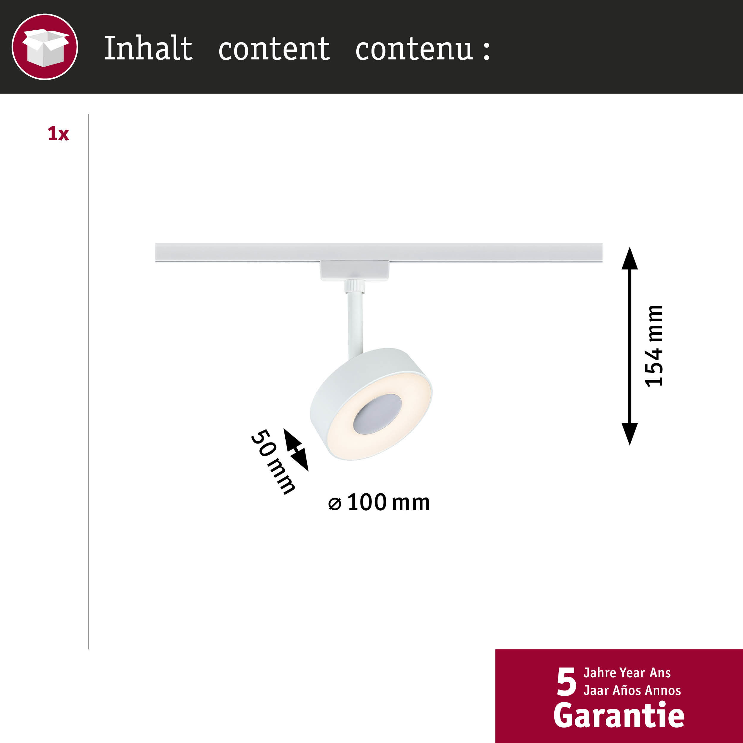 Biała lampa szynowa o średnicy 100mm, wysokości 50mm i długości 154mm.