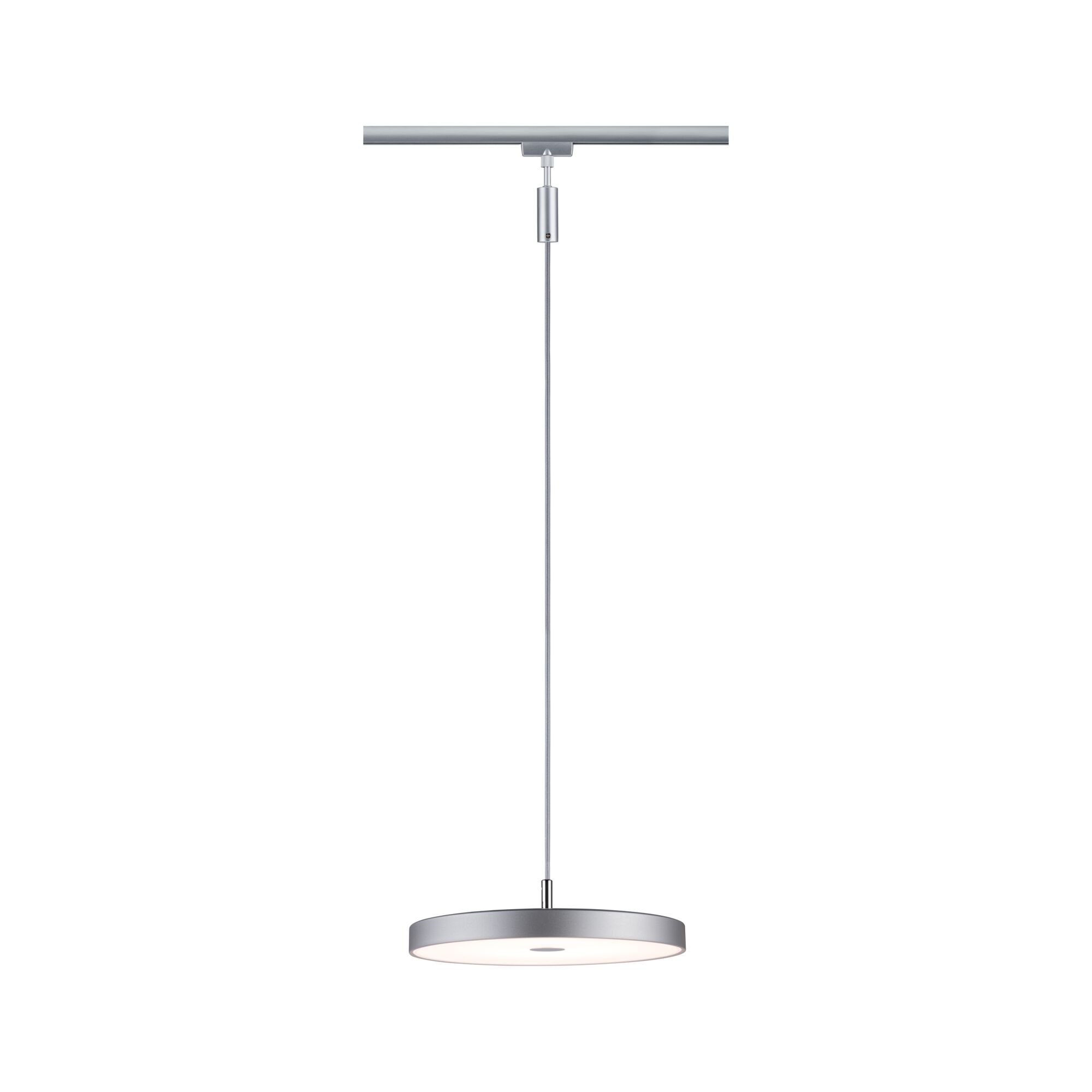 Srebrna lampa wisząca zwisa z pręta.