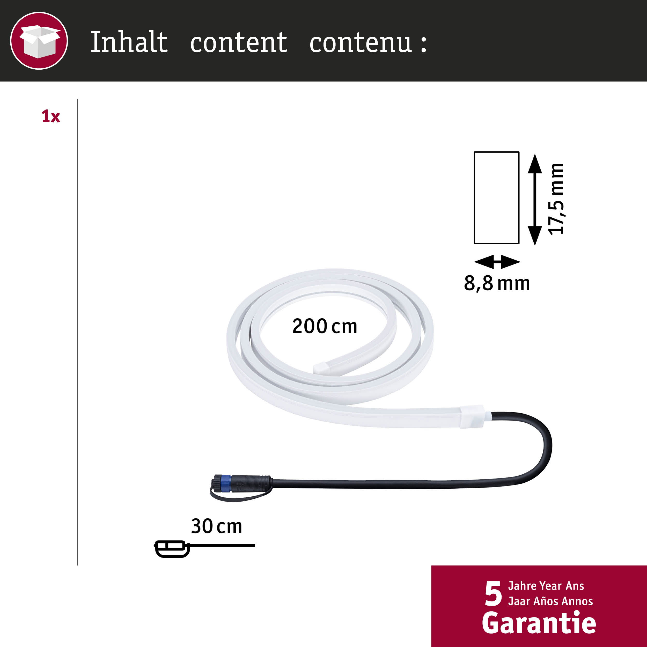 Ein 200cm langes, weißes LED-Neonband mit 30cm Kabel und Maßen 8,8x17,5mm.