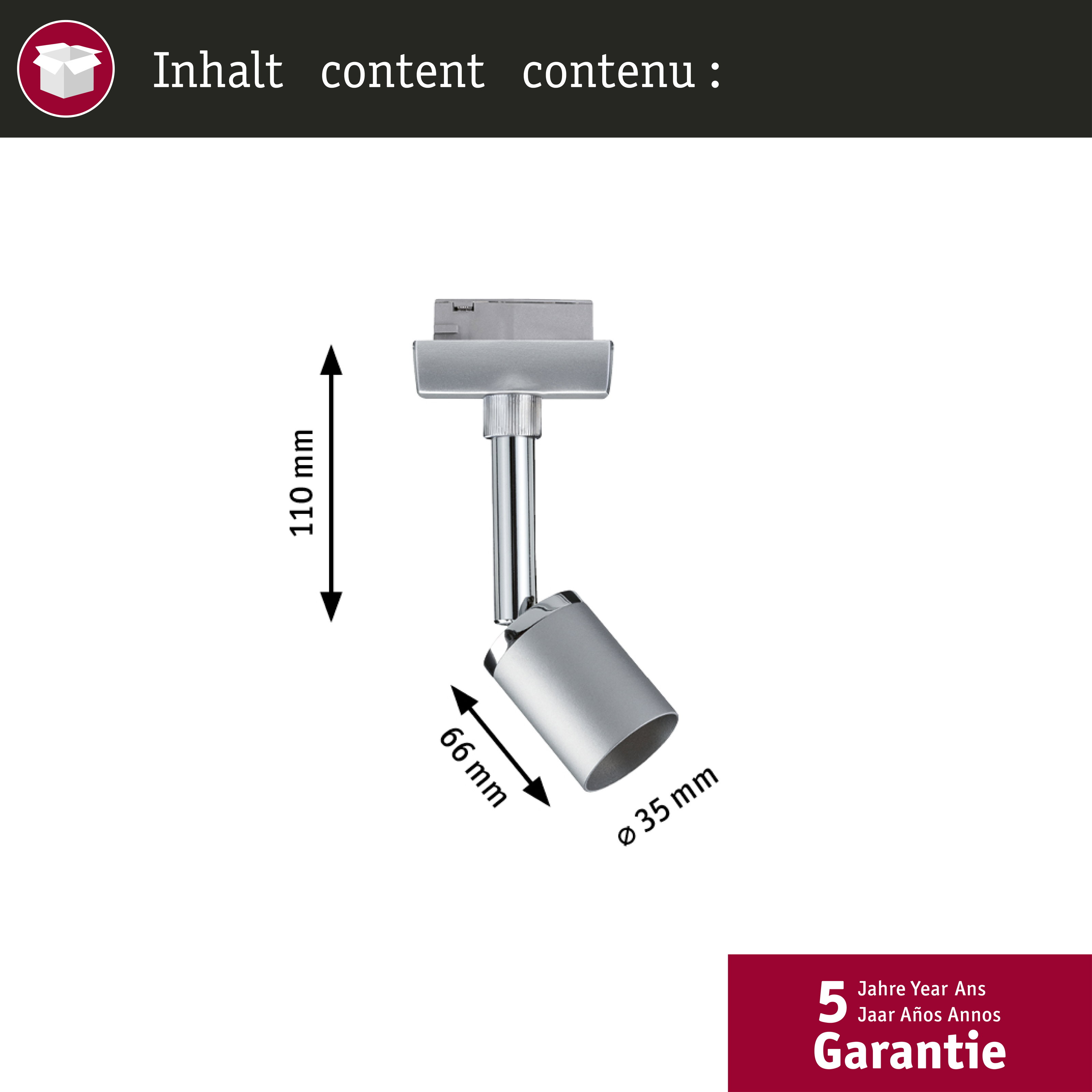 Un faretto a binario argentato con dimensioni di 110 mm di altezza, 66 mm e 35 mm di diametro.