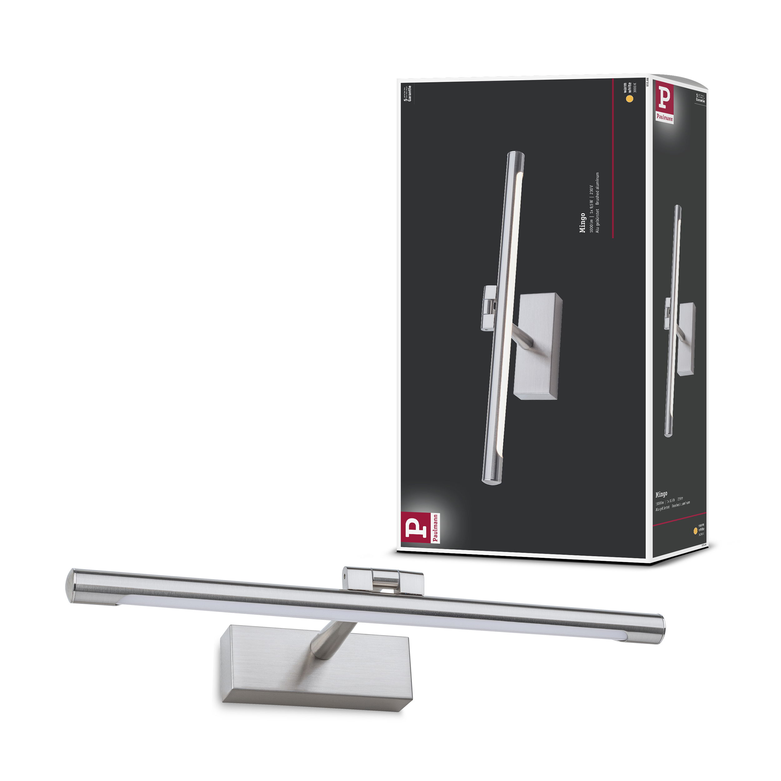 Srebrna oprawa oświetleniowa z paskiem LED i prostokątną podstawą.