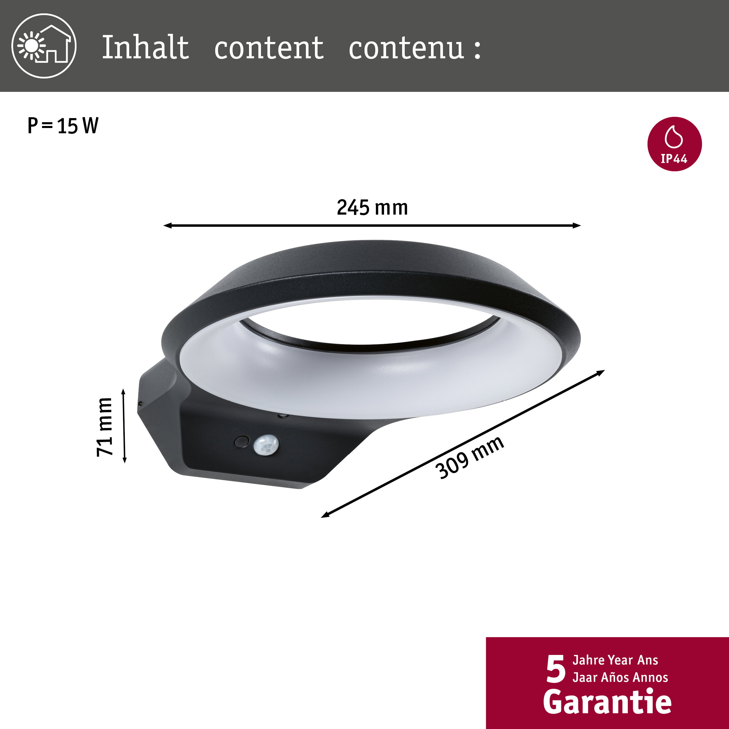 Czarna lampa ścienna z czujnikiem ruchu, 15W, 245mm szer.