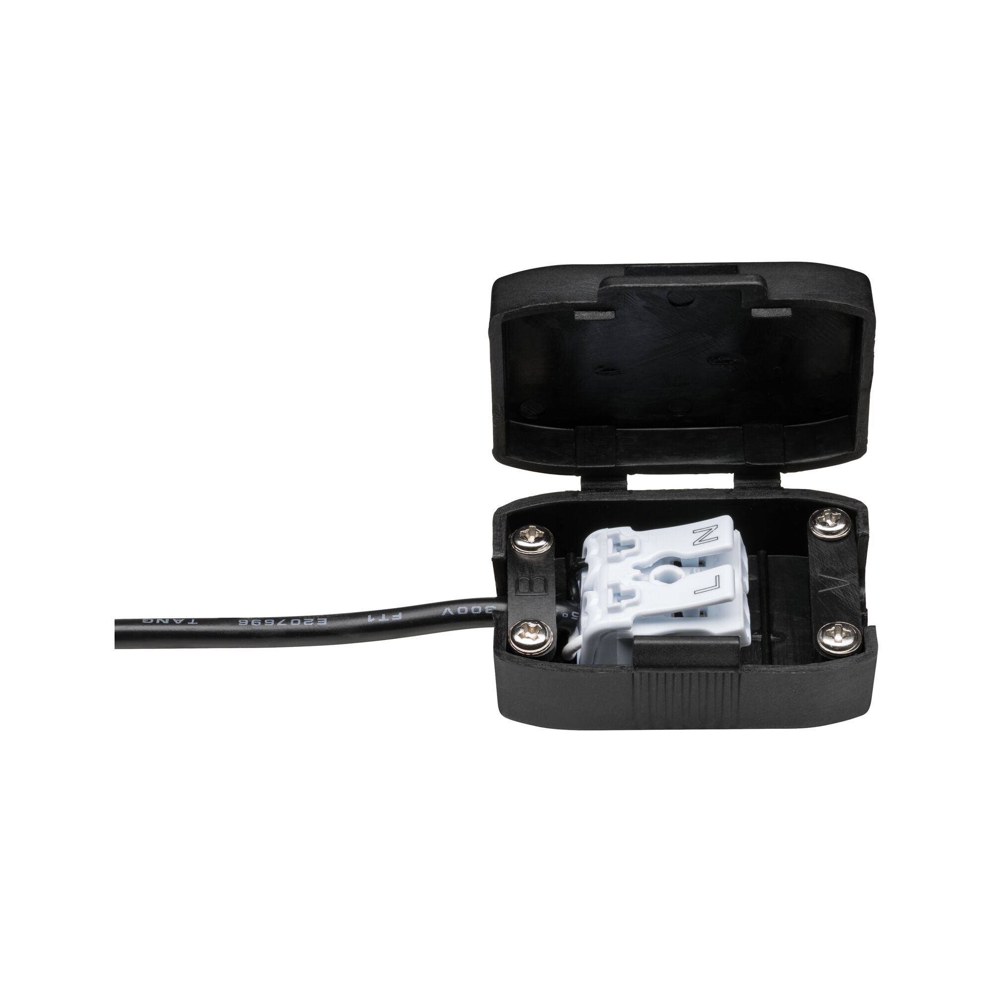 Ein schwarzes Gehäuse mit offenem Deckel zeigt eine weiße elektrische Klemme mit L-, N-Markierungen und einem Kabel.