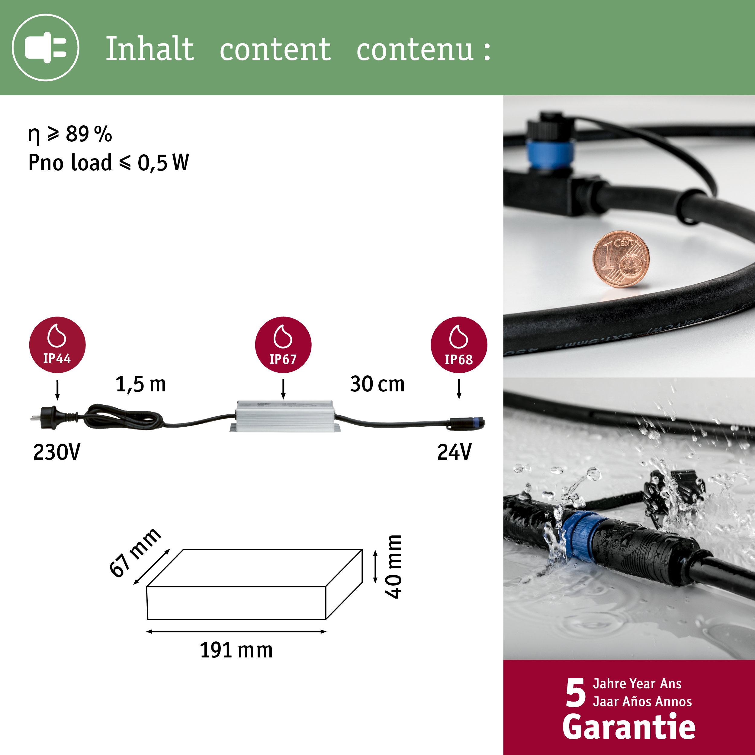 Technische Daten mit Steckern, Kabeln, Netzteil und Garantieangaben.