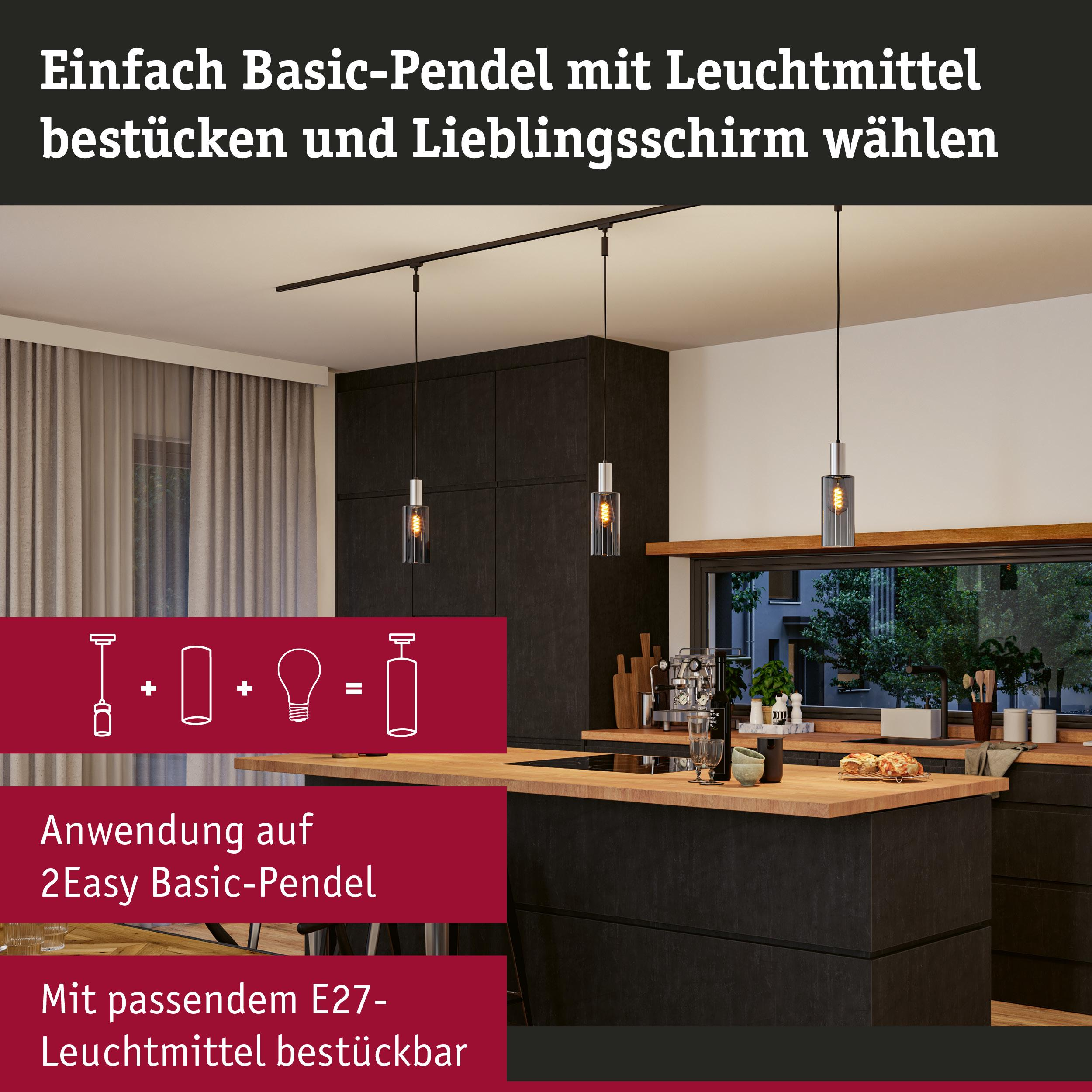 Moderne Küche mit Hängeleuchten über der Insel. Text erklärt Lampenmontage.