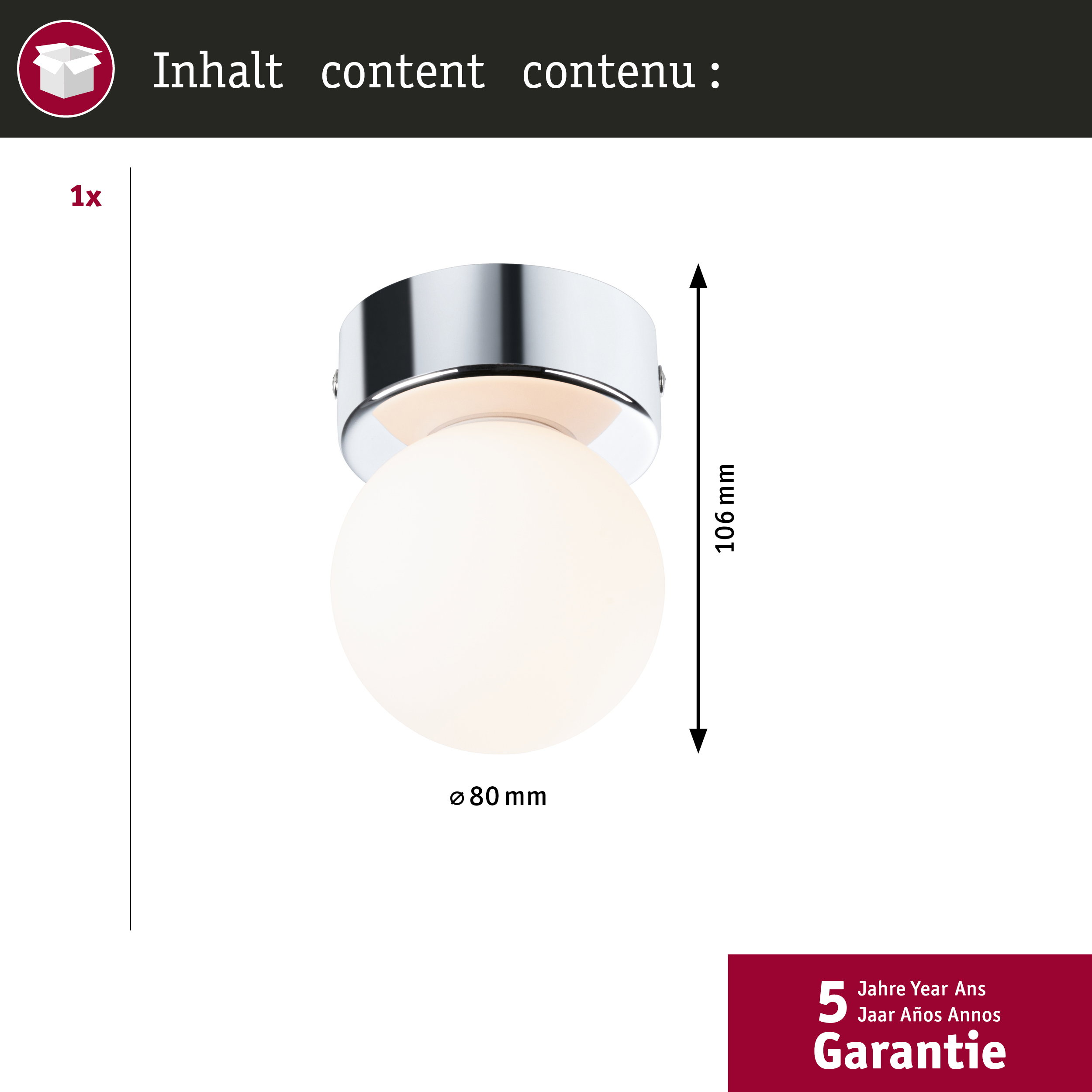 Okrągła lampa sufitowa z chromowaną podstawą, średnica 80mm, wysokość 106mm.