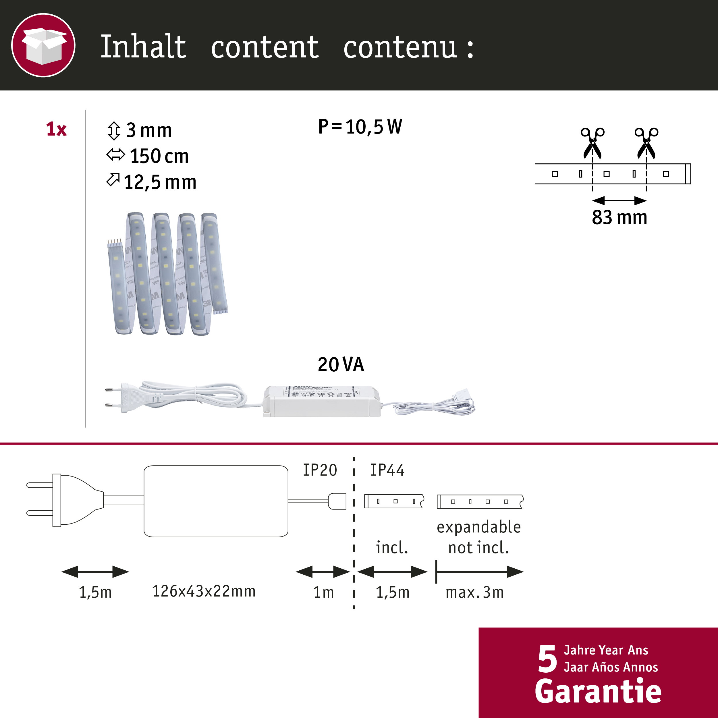Contenuto della confezione: 1x striscia LED (3mm x 150cm x 12.5mm), 10.5W, 20VA, IP20/IP44.