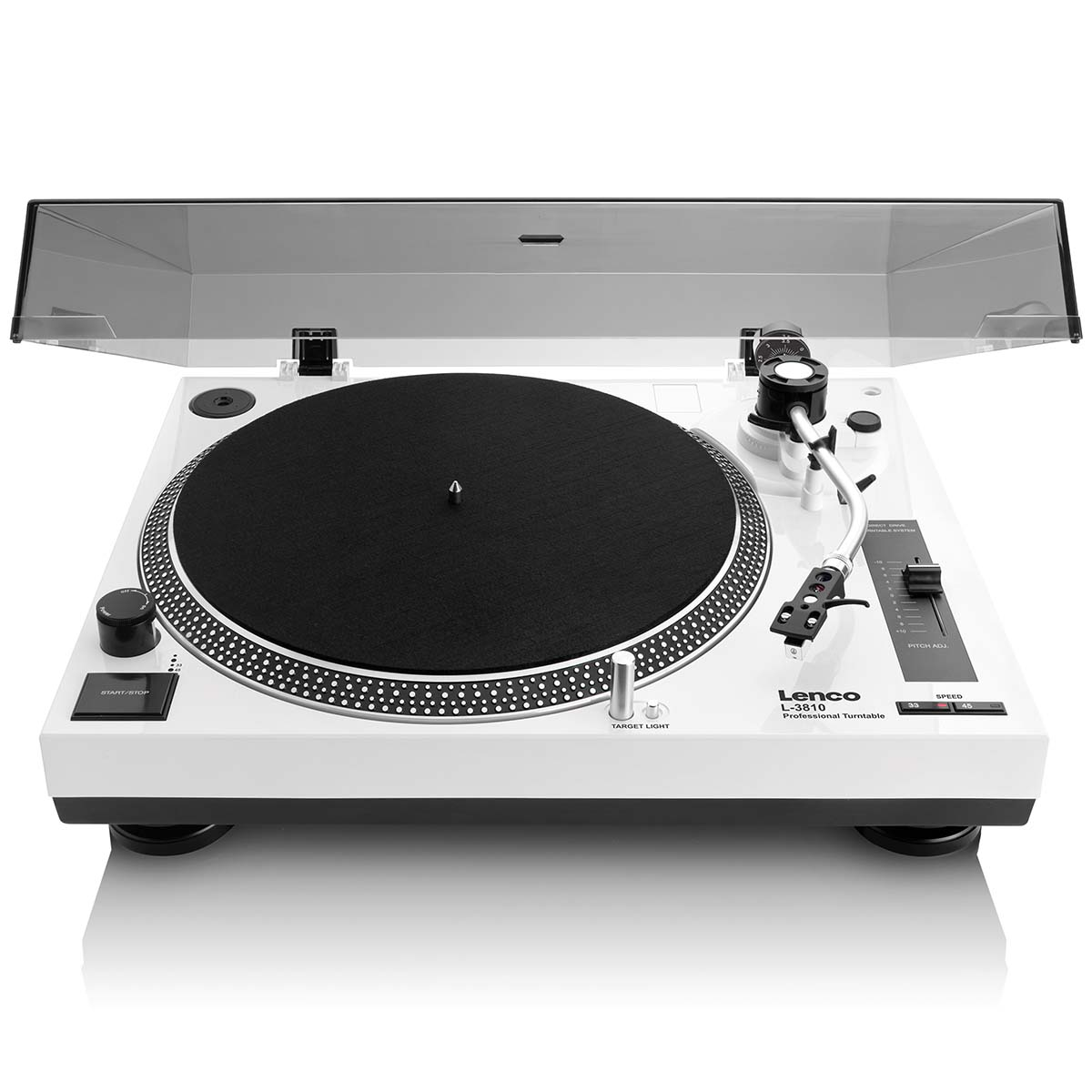 Un tocadiscos blanco con plato, brazo y tapa negros.