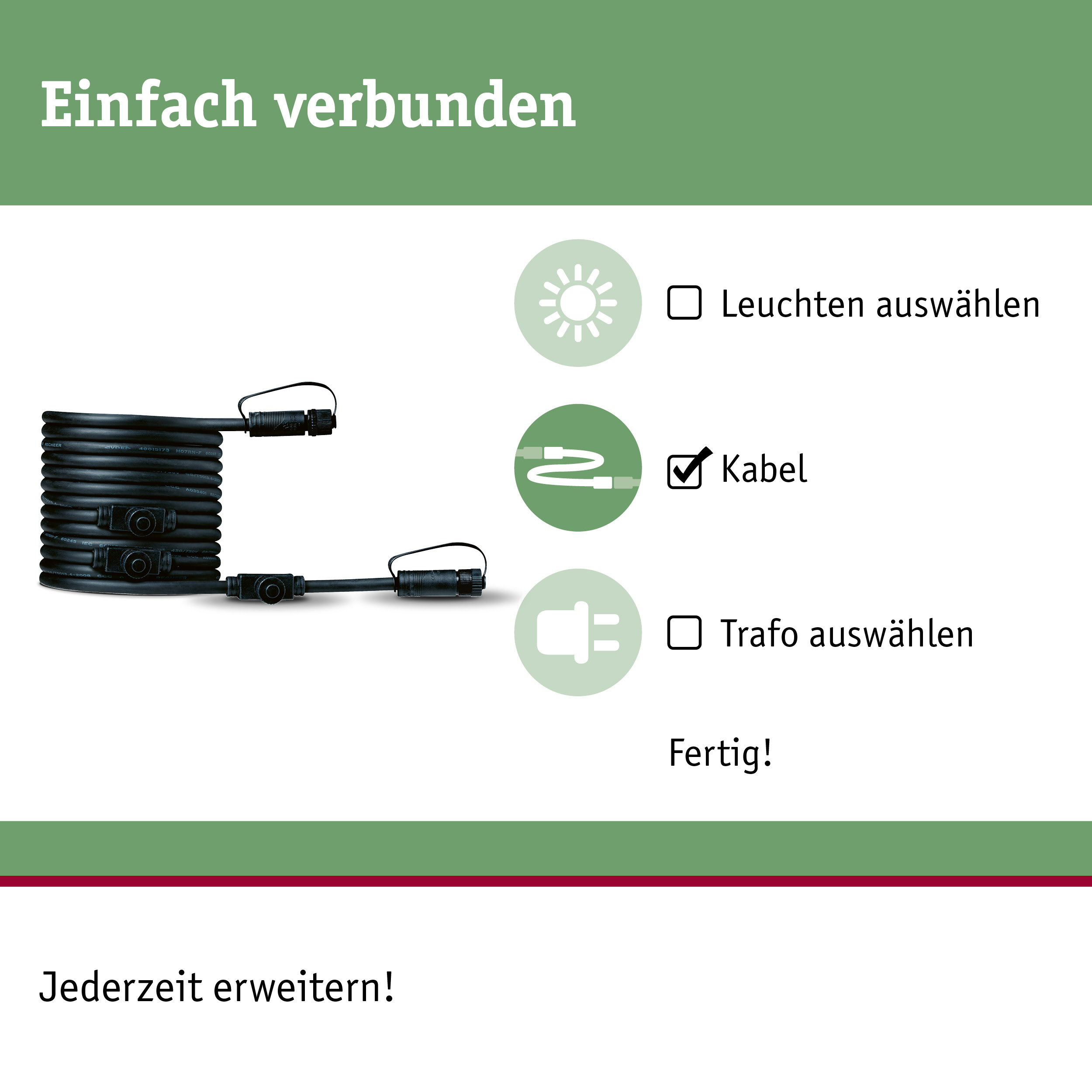 Schwarzes Kabel mit Steckern, Optionen für Licht, Kabel, Trafo. "Einfach verbunden".