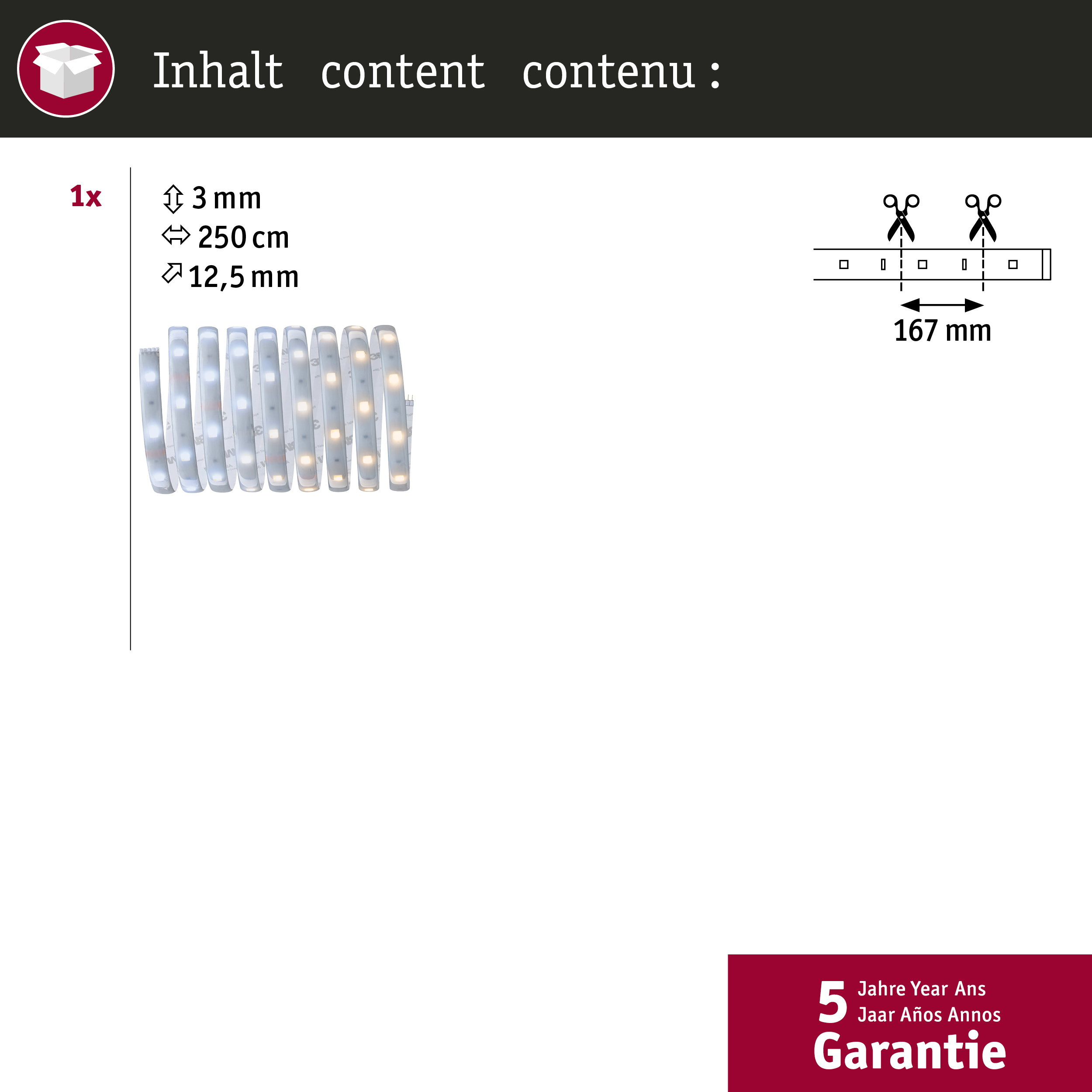 1x LED-Streifen, 250 cm lang, mit Schere-Symbolen zum Zuschneiden.