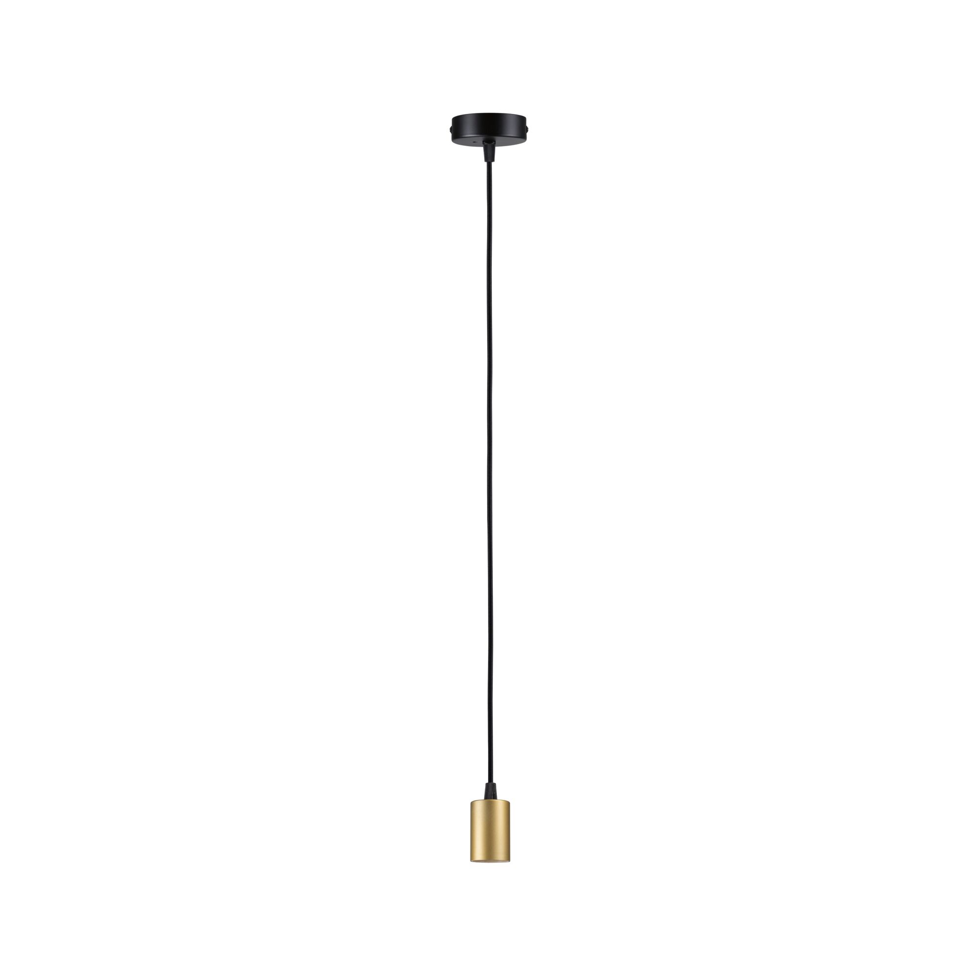 Lampada a sospensione nera con base dorata su sfondo bianco.