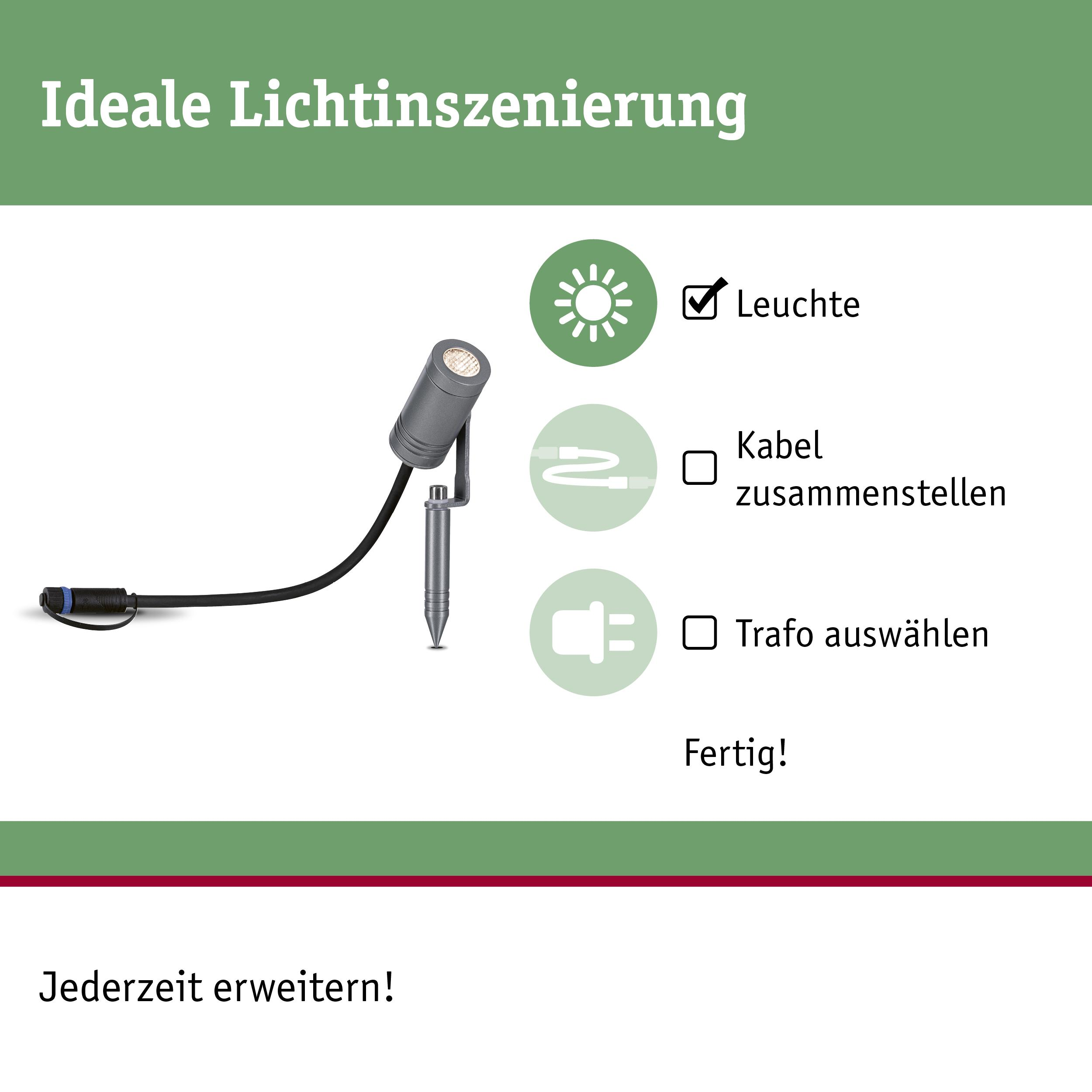 Szary reflektor z bolcem, kablem i ikonami światła, kabla i transformatora.