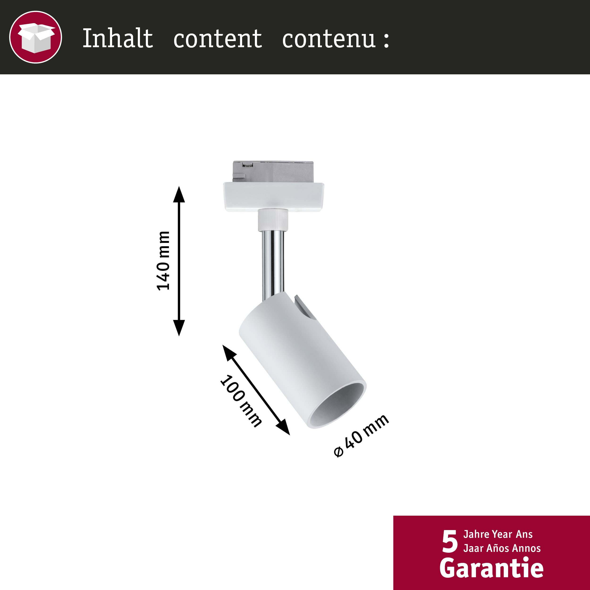 Weiße Lampe mit Maßen 140x100x40mm, auf dunklem Grund.