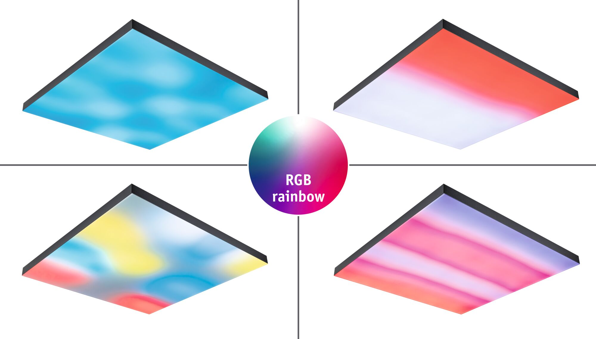 Quattro pannelli quadrati con illuminazione RGB: blu, rosso/bianco, colorato, rosa/rosso.