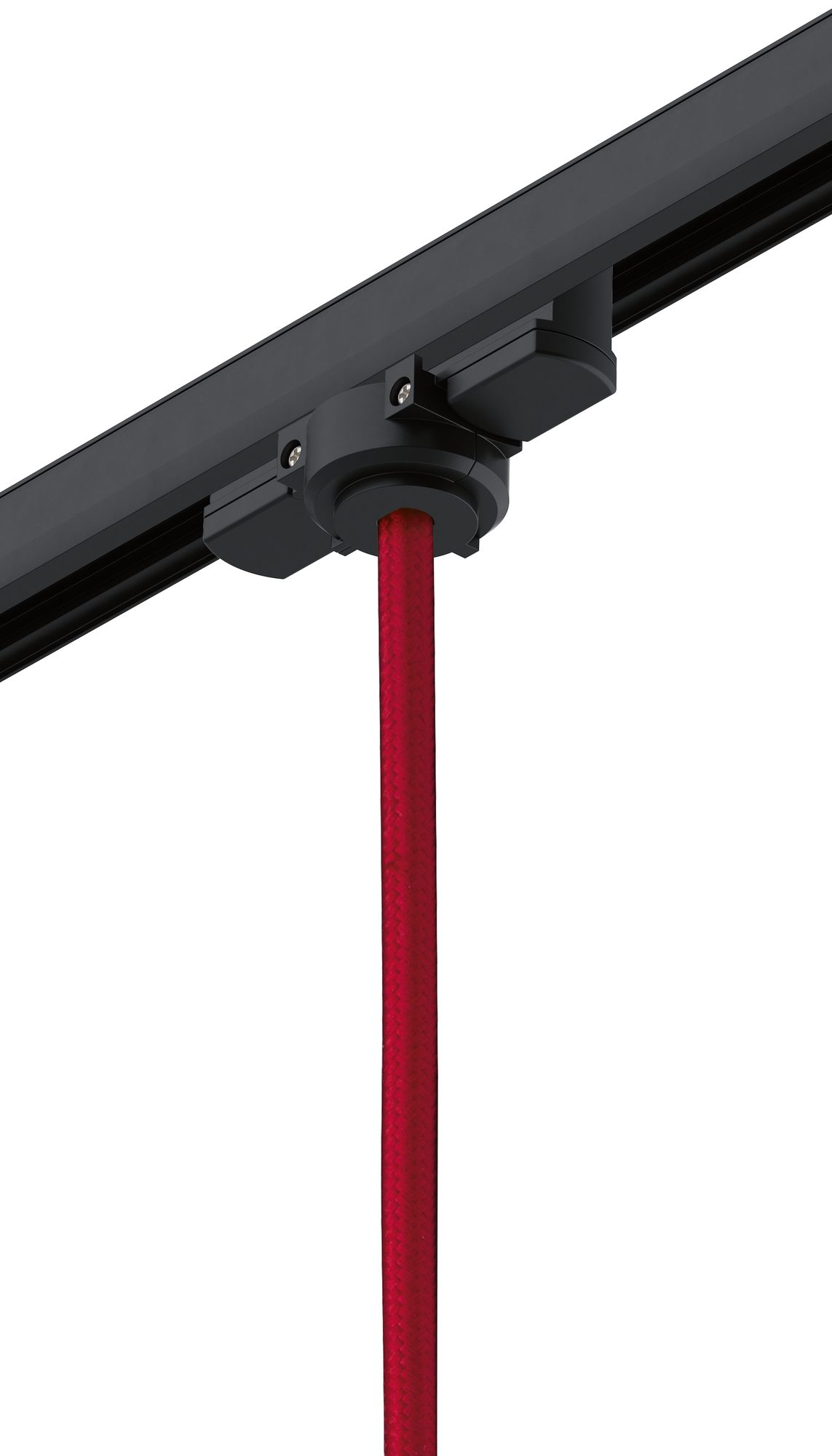 Ein rotes Kabel hängt von einer schwarzen Schiene ab.
