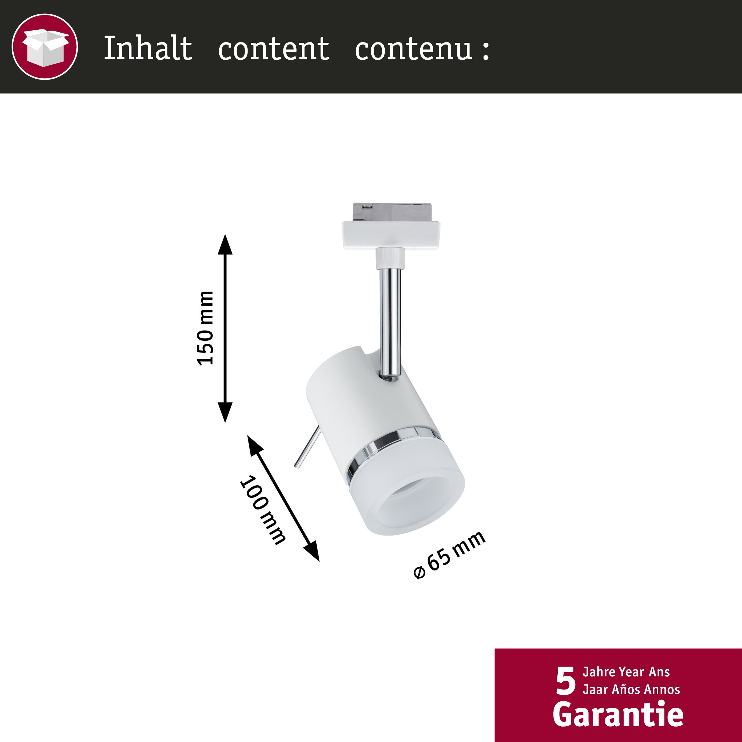 Weißer Spot-Strahler mit Maßen: 150mm Höhe, 100mm Tiefe, 65mm Durchmesser.