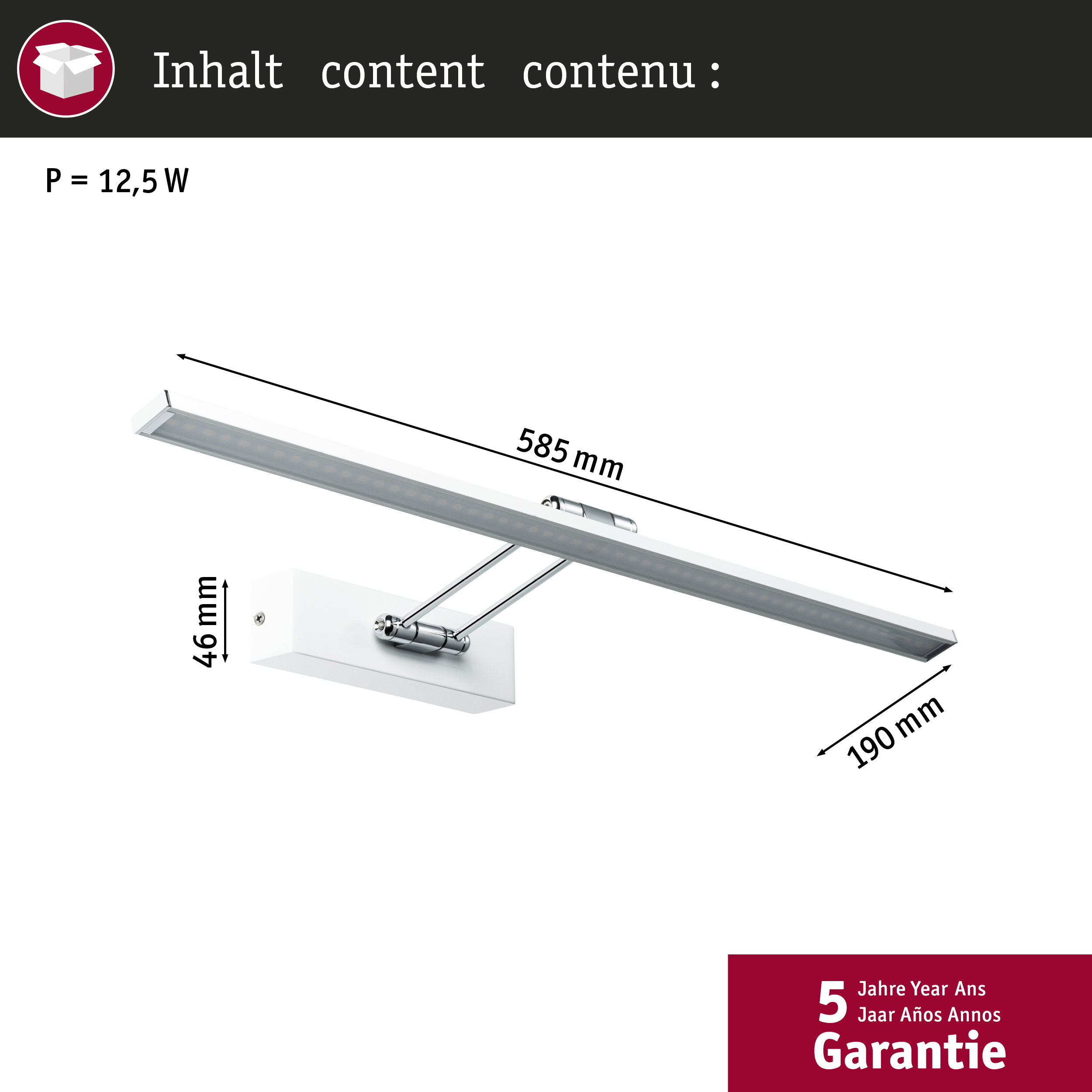 Ein weißer LED-Wandspot mit den Maßen 585x46x190 mm und 12,5 W Leistung.