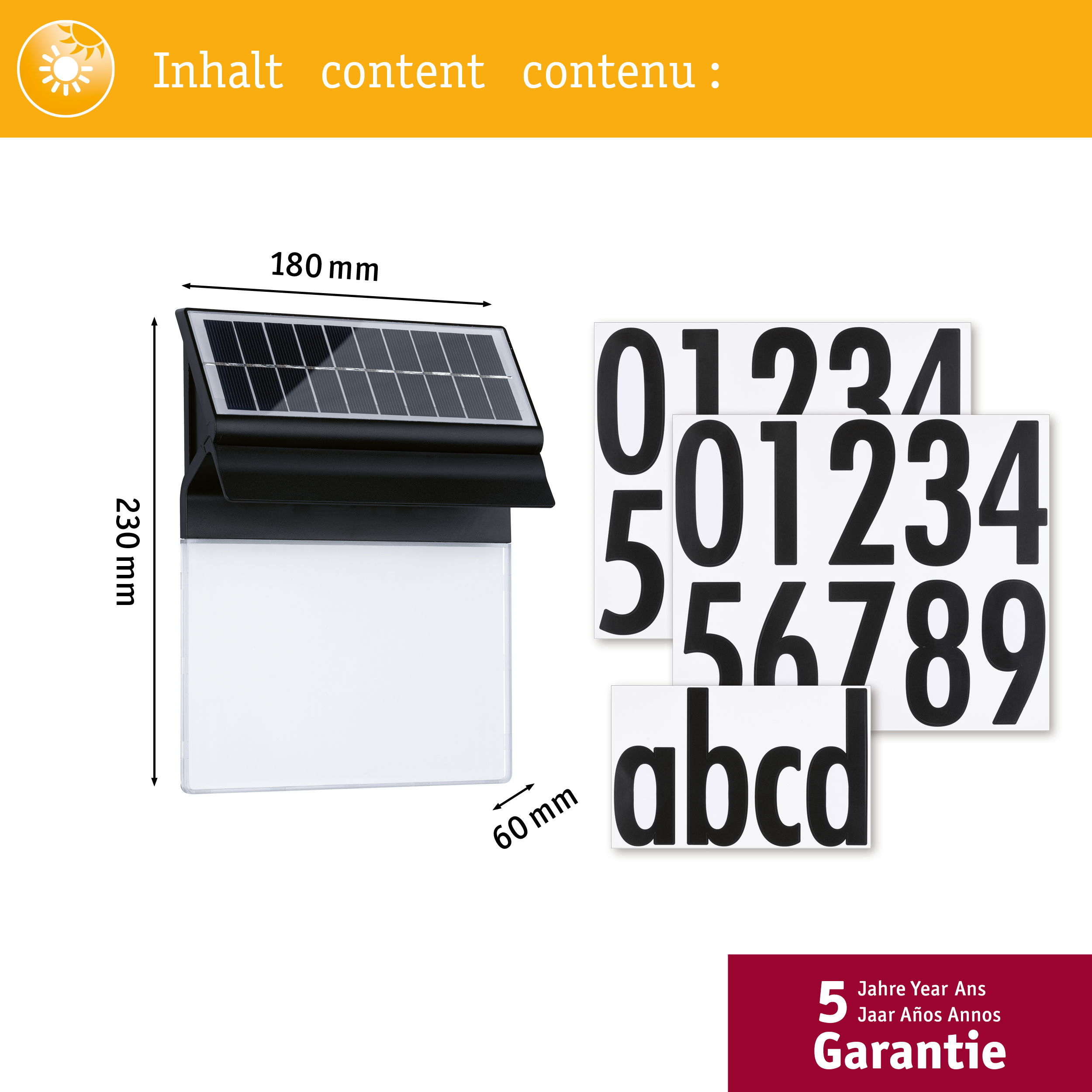 Solarleuchte mit Maßen 180x230x60mm und Nummernschildern 0-9, a-d.