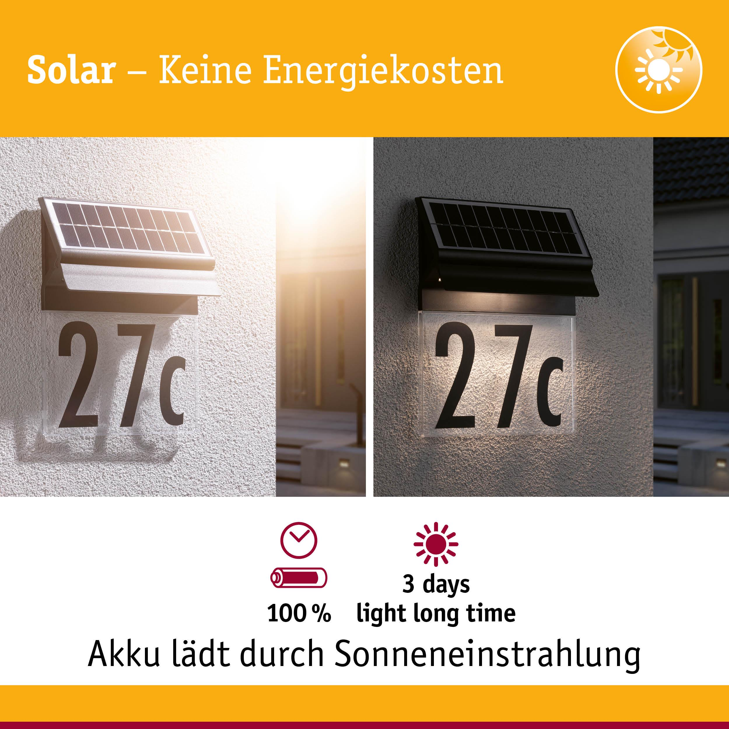 Solar Hausnummernleuchte mit Ladeanzeige und langer Leuchtdauer.