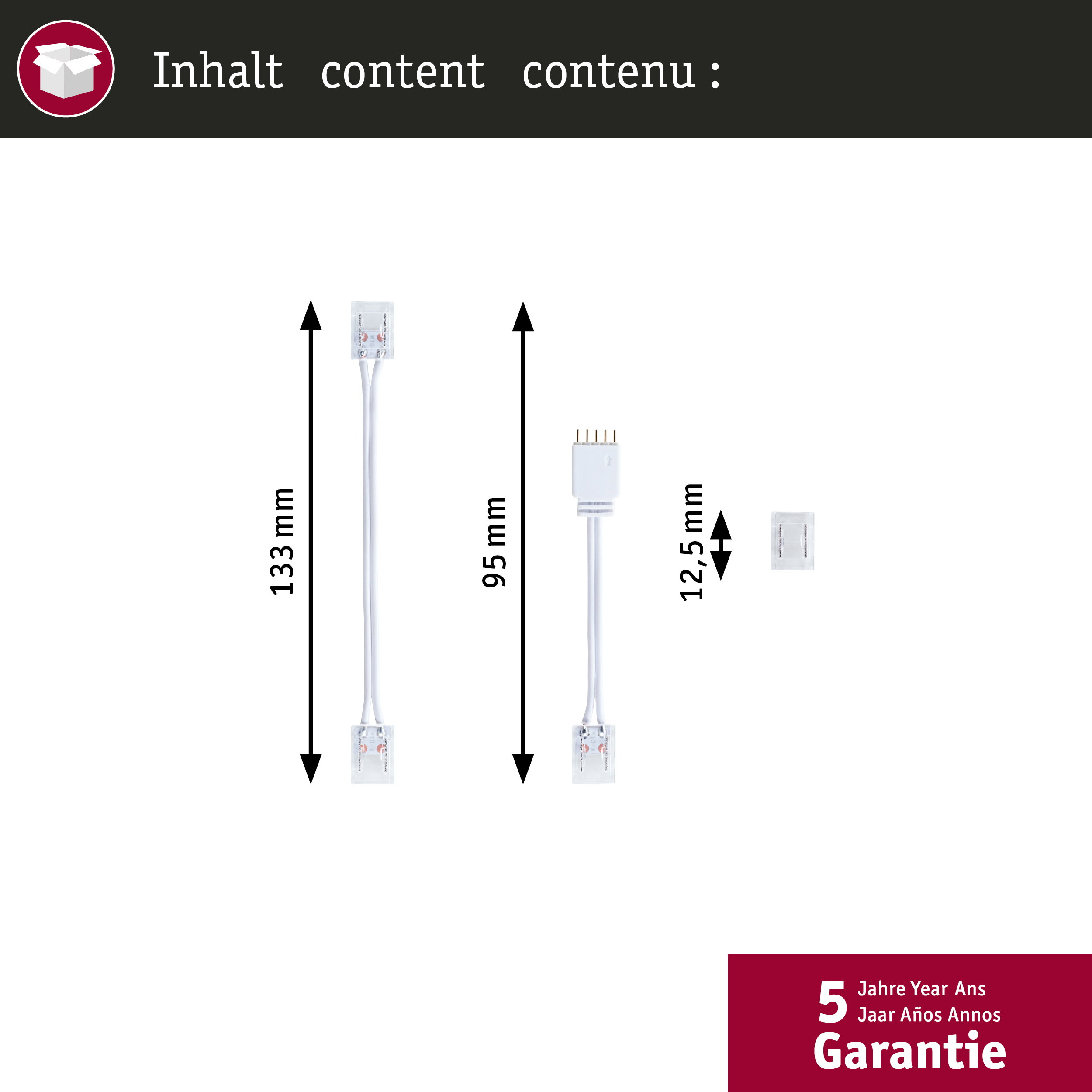 Dwa białe kable LED ze złączami, o długości 133 mm i 95 mm.