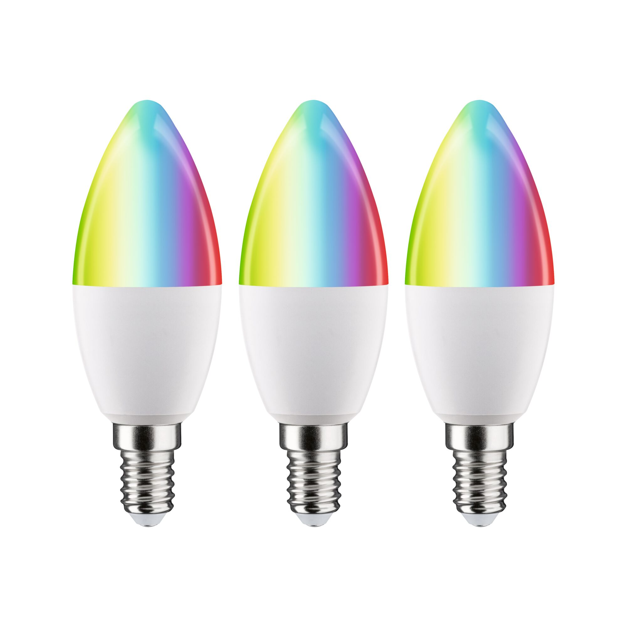 Drei smarte LED-Kerzenbirnen mit weißem Sockel und Regenbogenlicht.