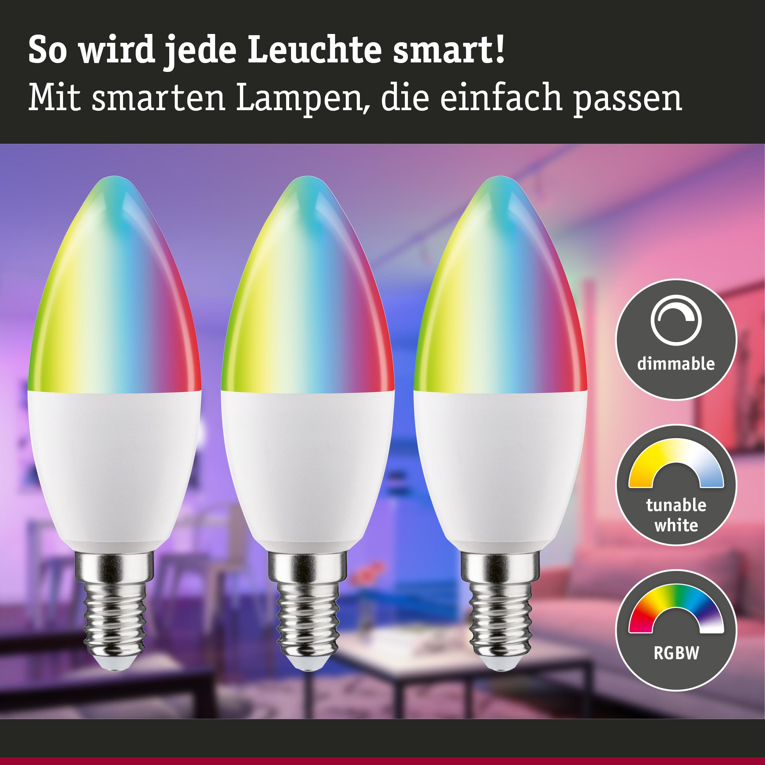 Drei smarte Glühbirnen mit RGBW-Farben. Links und Mitte mit Farbverlauf.