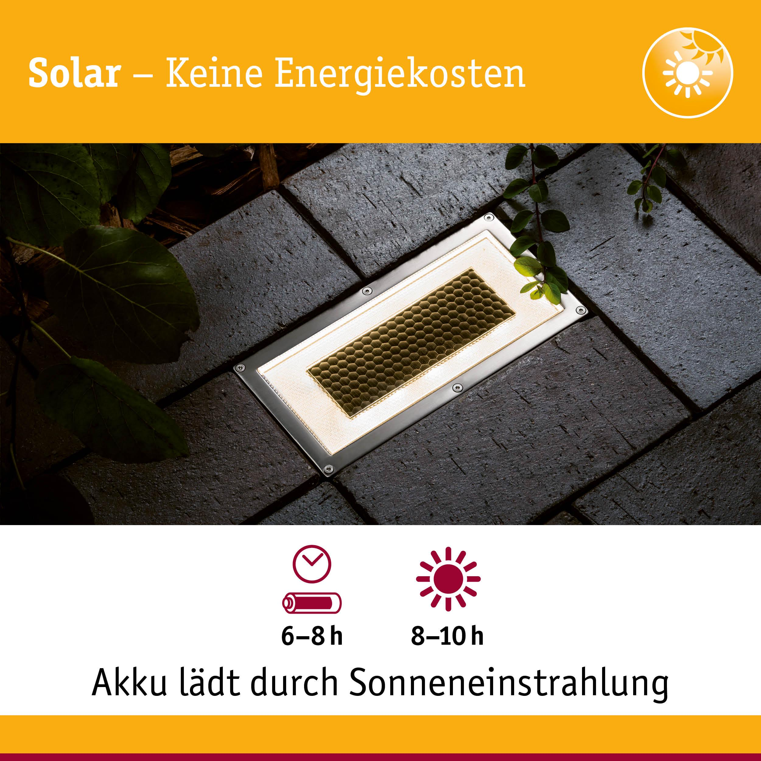 Luce solare su pavimentazione, con testo e icone sui tempi di ricarica.
