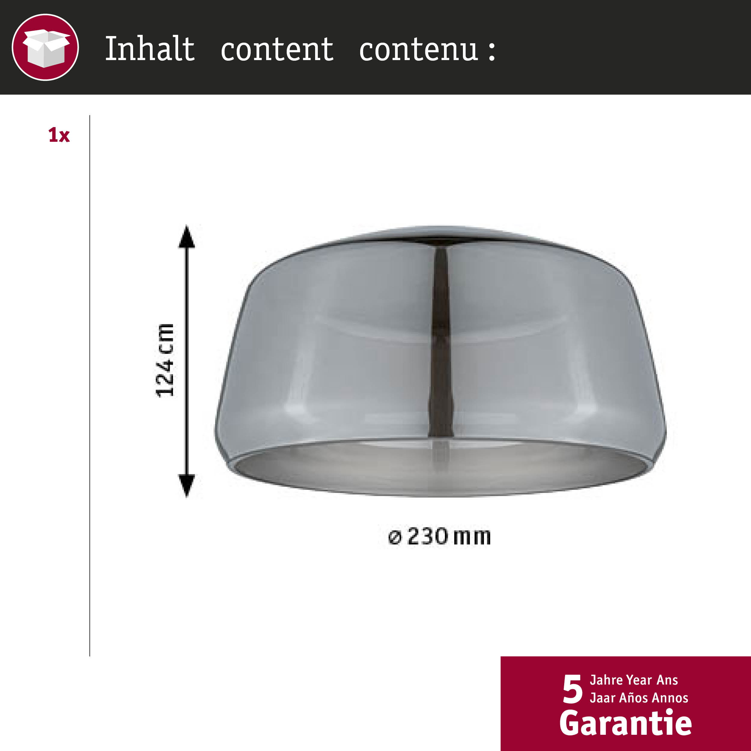 Eine graue, schwere Lampe mit 230 mm Durchmesser und 124 cm Höhe.