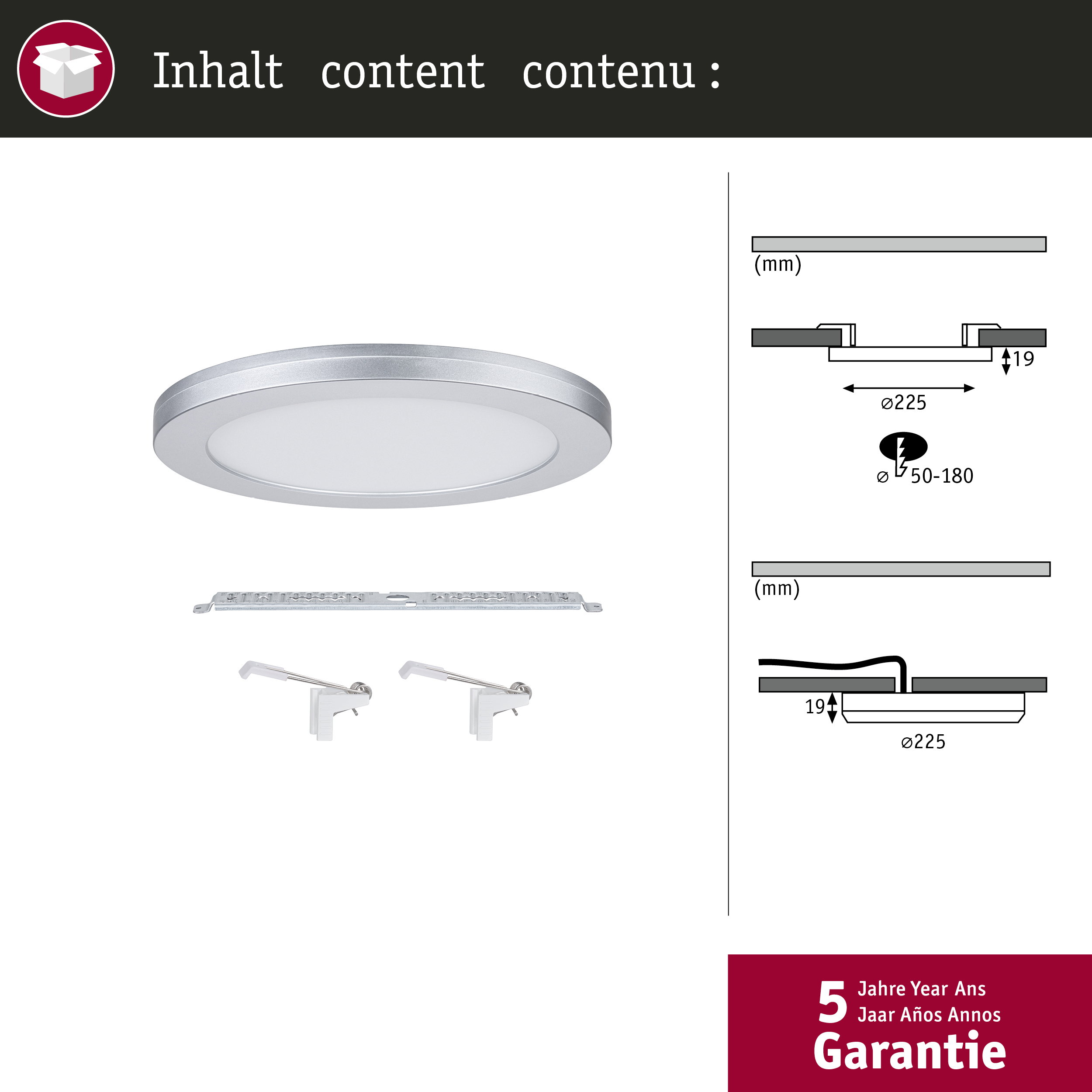 Okrągła srebrna lampa LED do zabudowy z akcesoriami montażowymi i rysunkami technicznymi.