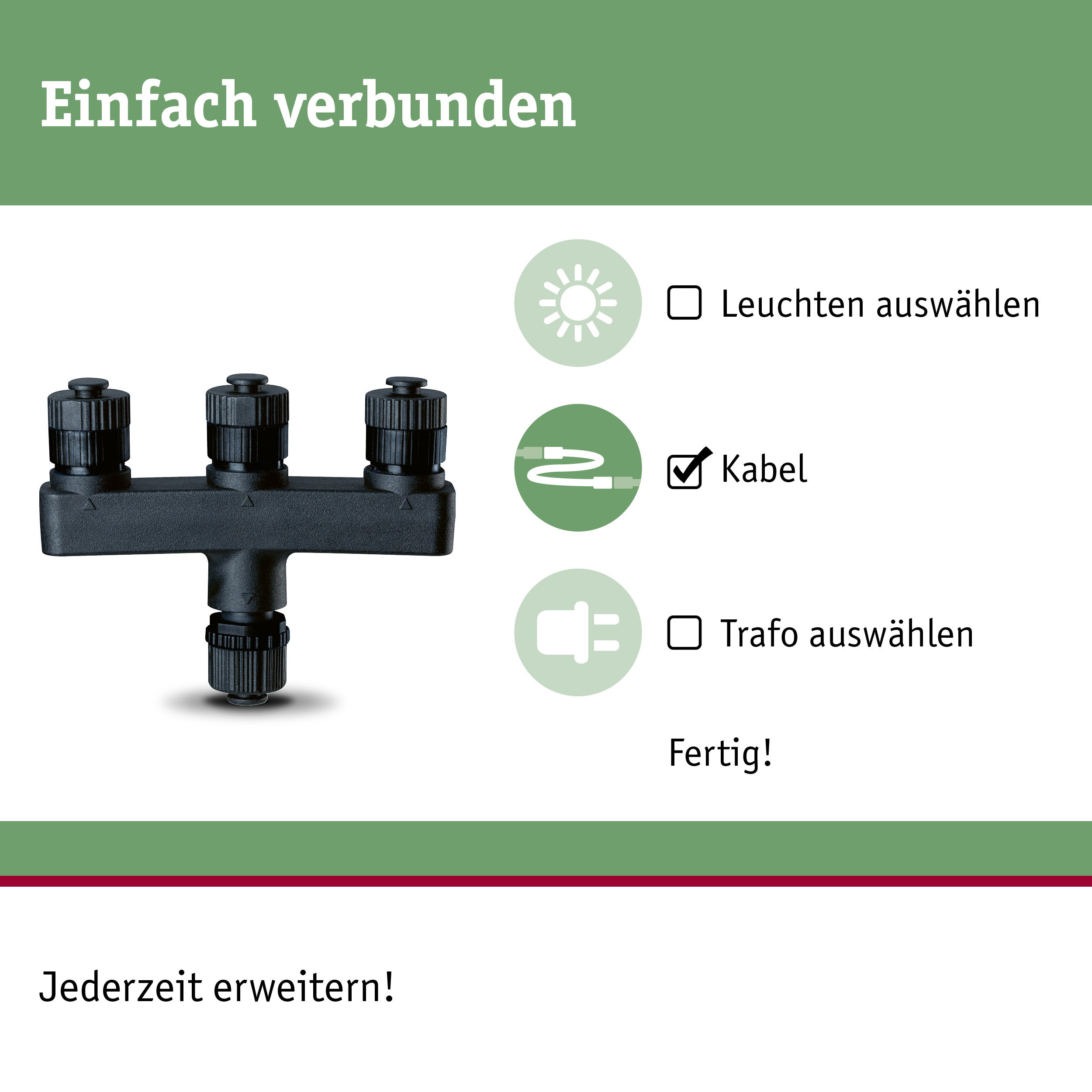 Schwarzer Verteiler mit vier Anschlüssen für Kabel, daneben Symbole für Licht, Kabel und Trafo.