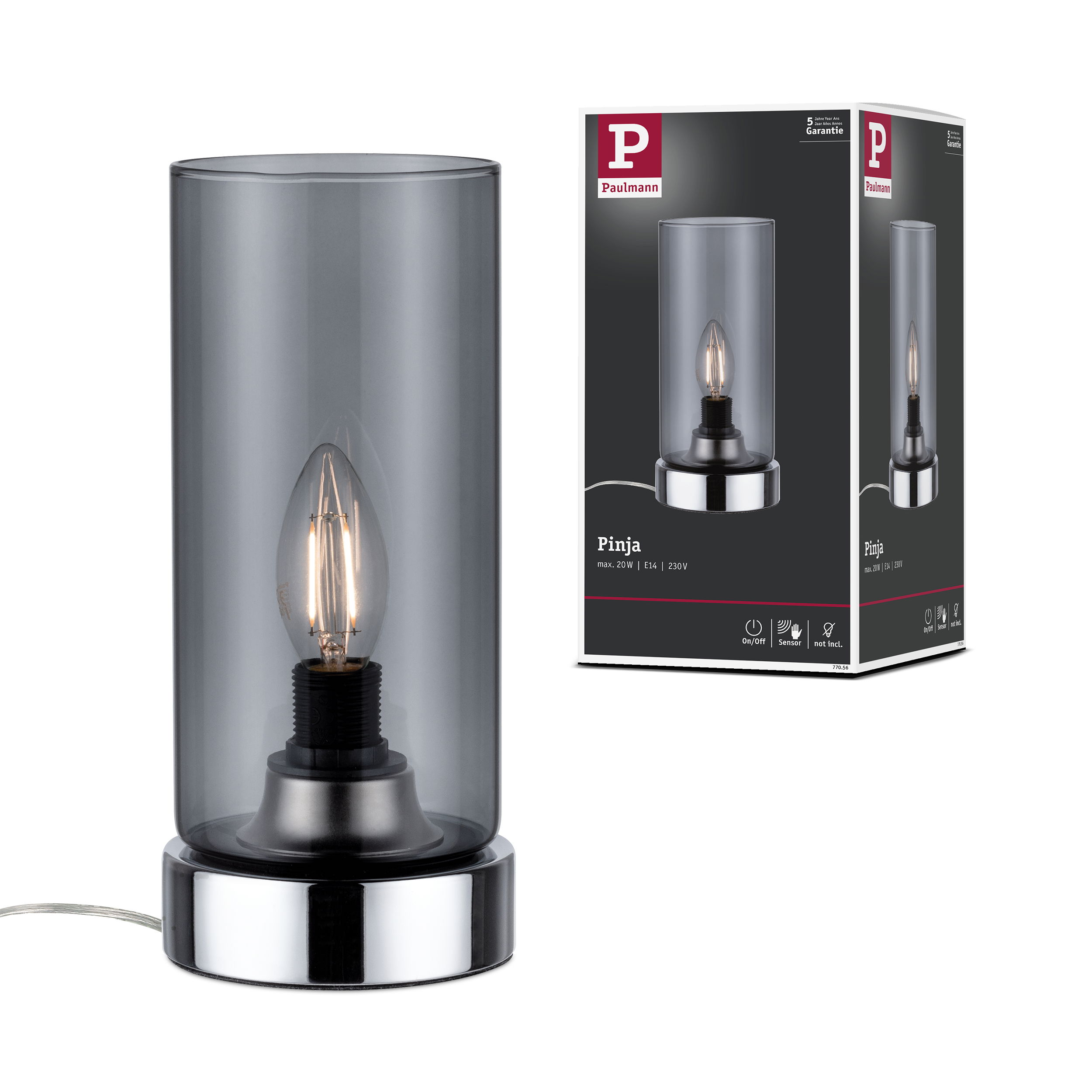 Szara lampa szklana z chromowaną podstawą i widoczną żarówką.