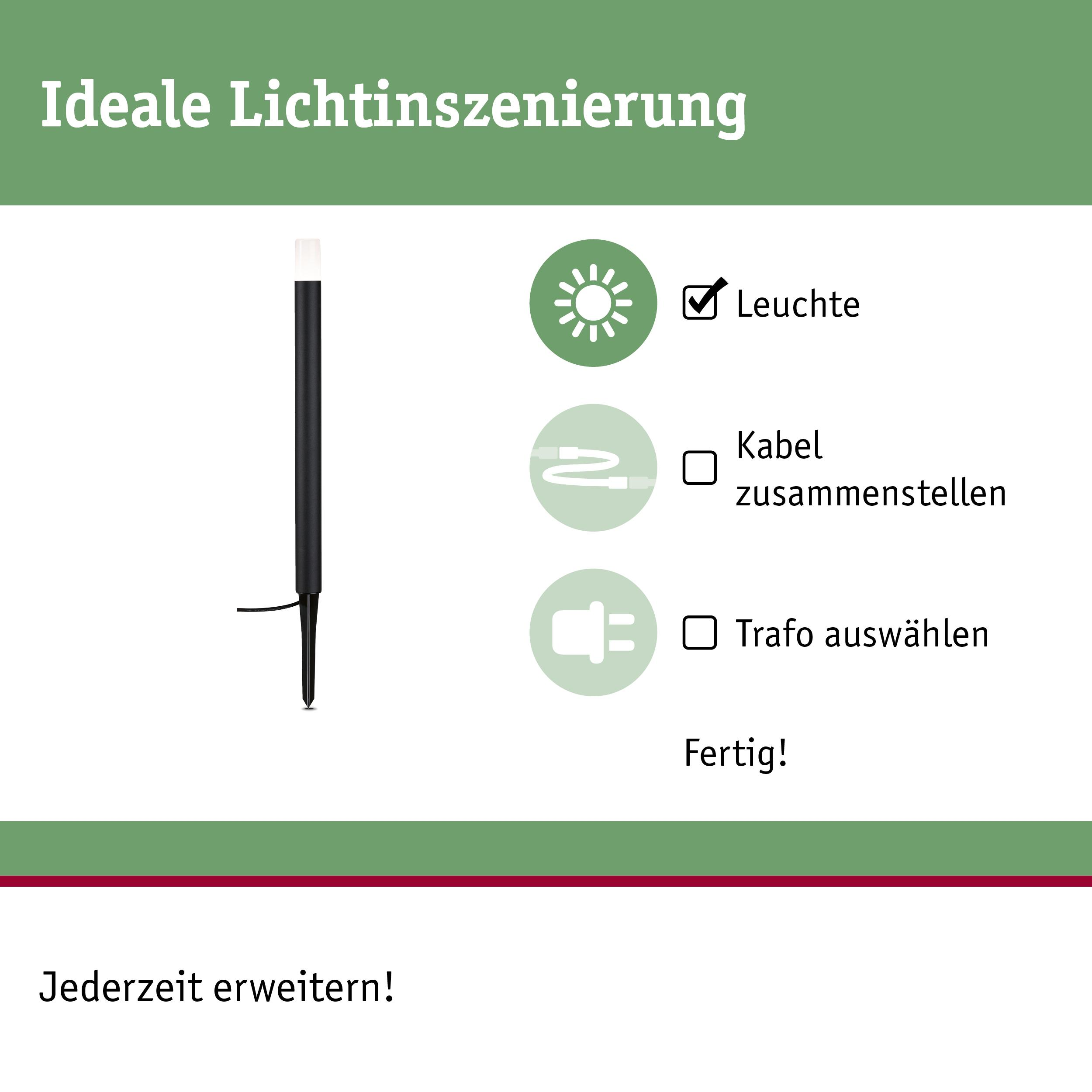 Czarny słup oświetleniowy z ikonami instrukcji: lampa, kabel, transformator, gotowe.