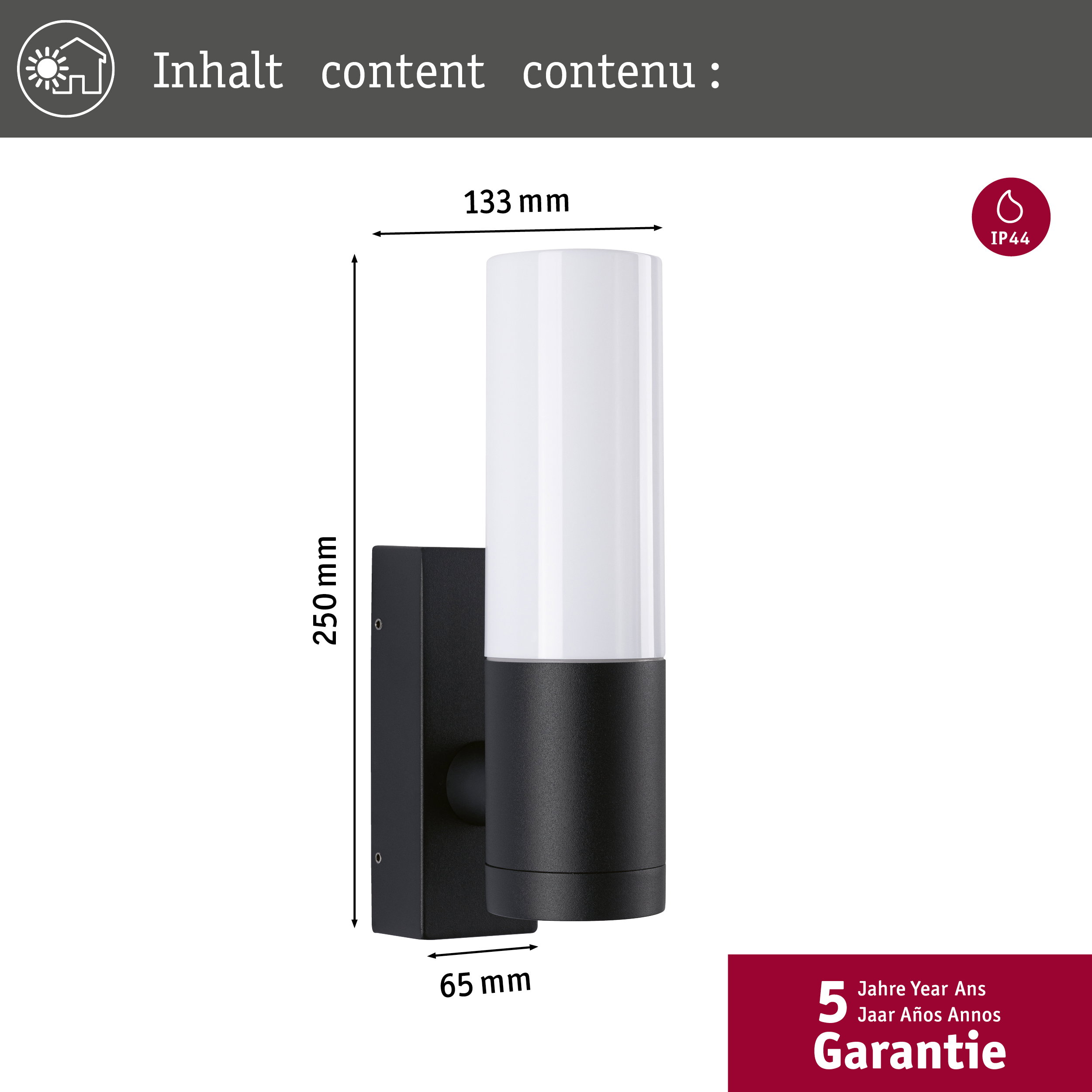 Czarna lampa ścienna z białym cylindrycznym kloszem. Wymiary: 250x133x65mm. IP44.