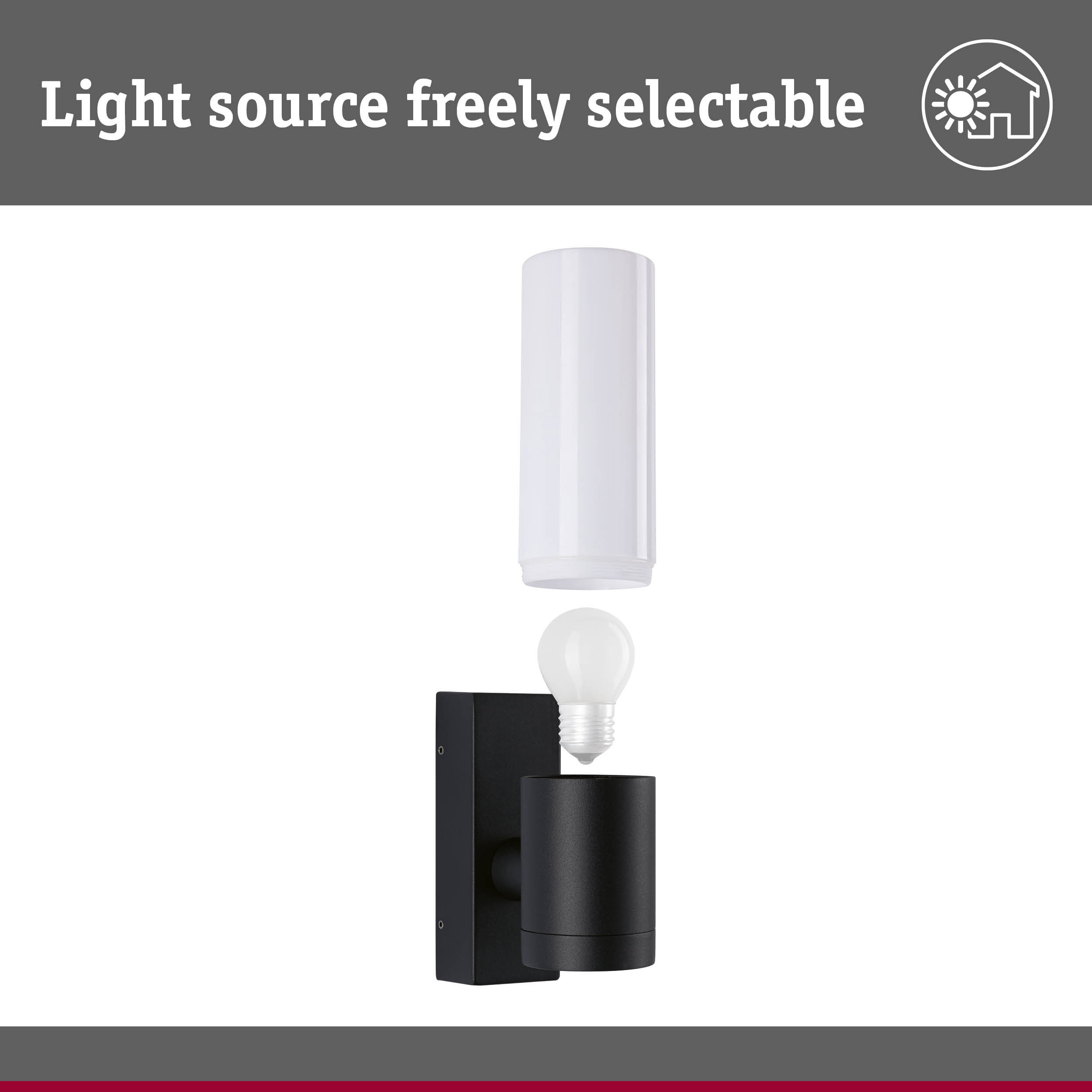 Czarna lampa ścienna z żarówką i kloszem pokazanymi osobno.