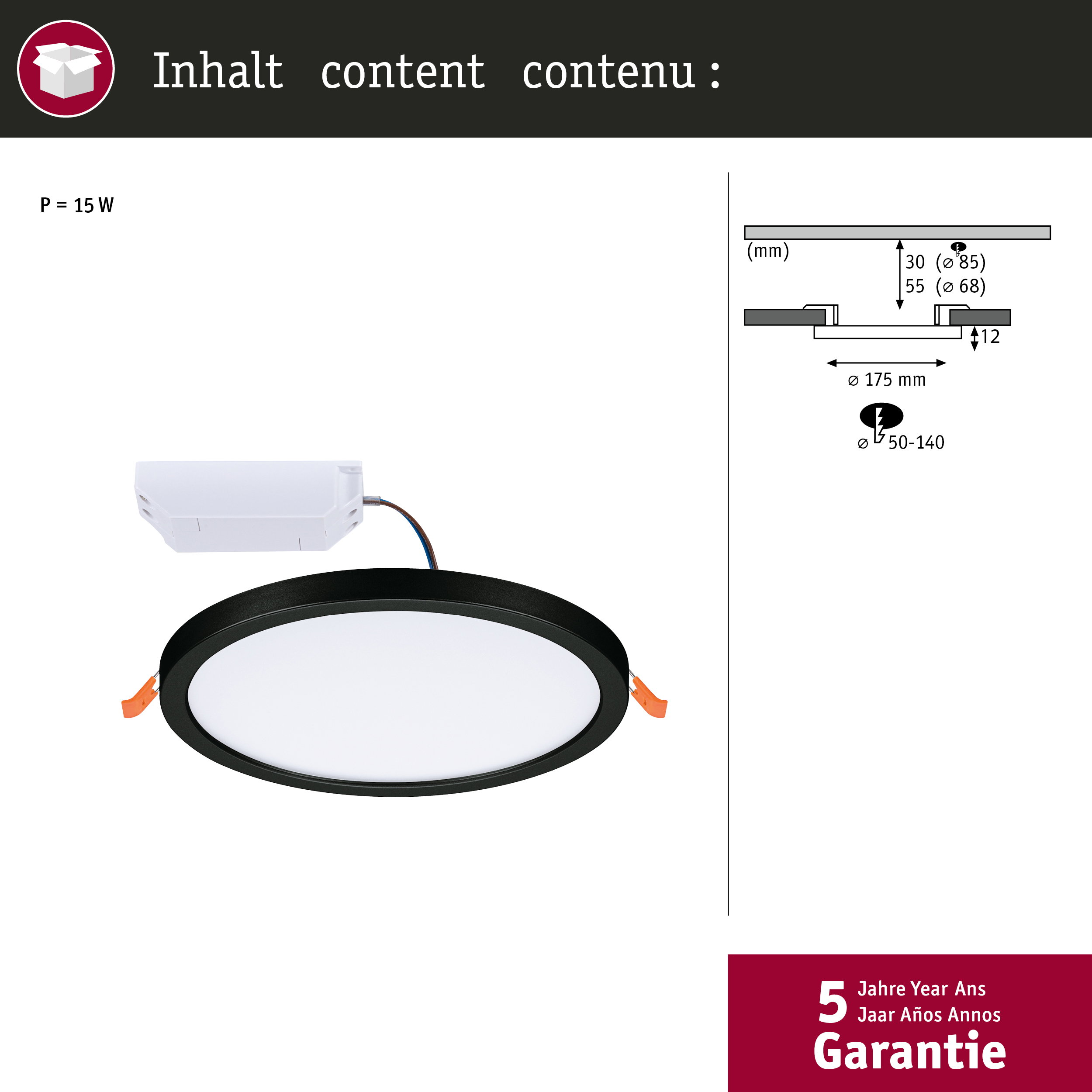 Ein schwarzer runder LED-Einbaustrahler mit weißer Mitte und orangefarbenen Klemmen.