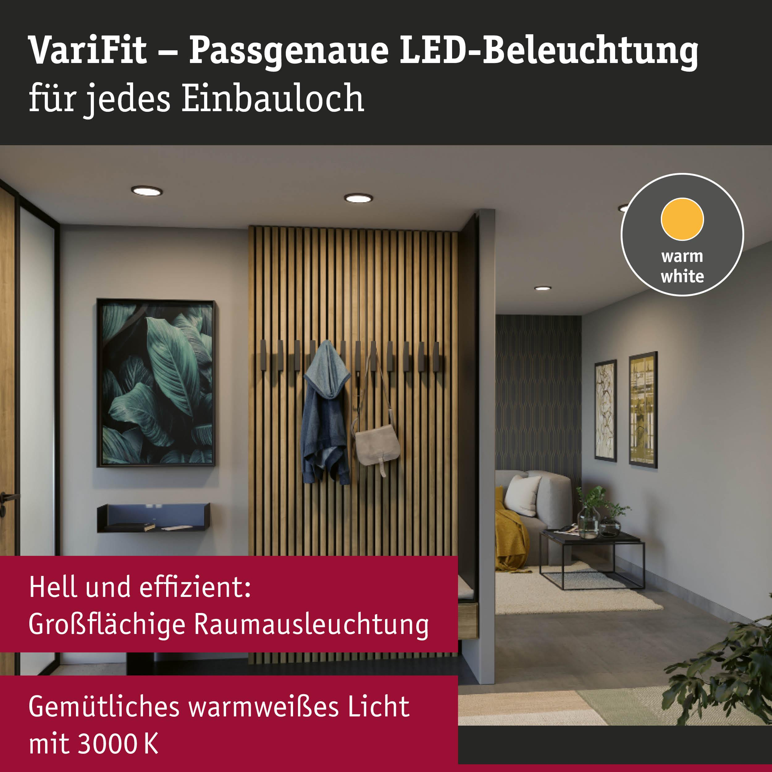 Moderne LED-Beleuchtung in einem Flur mit Holzakzenten und Kunstwerk.