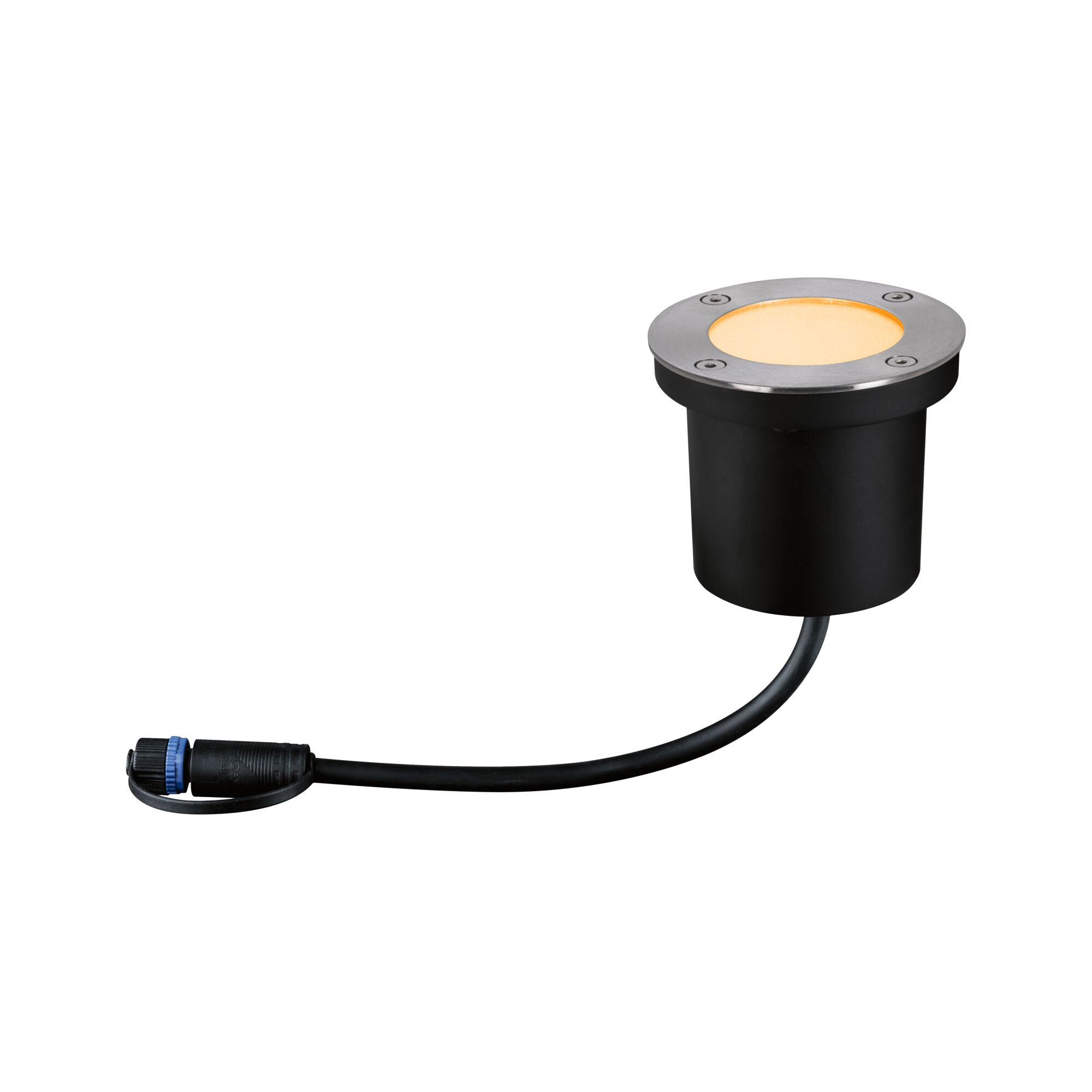 Ein schwarzer Einbaustrahler mit silbernem Rand und gelbem Licht.