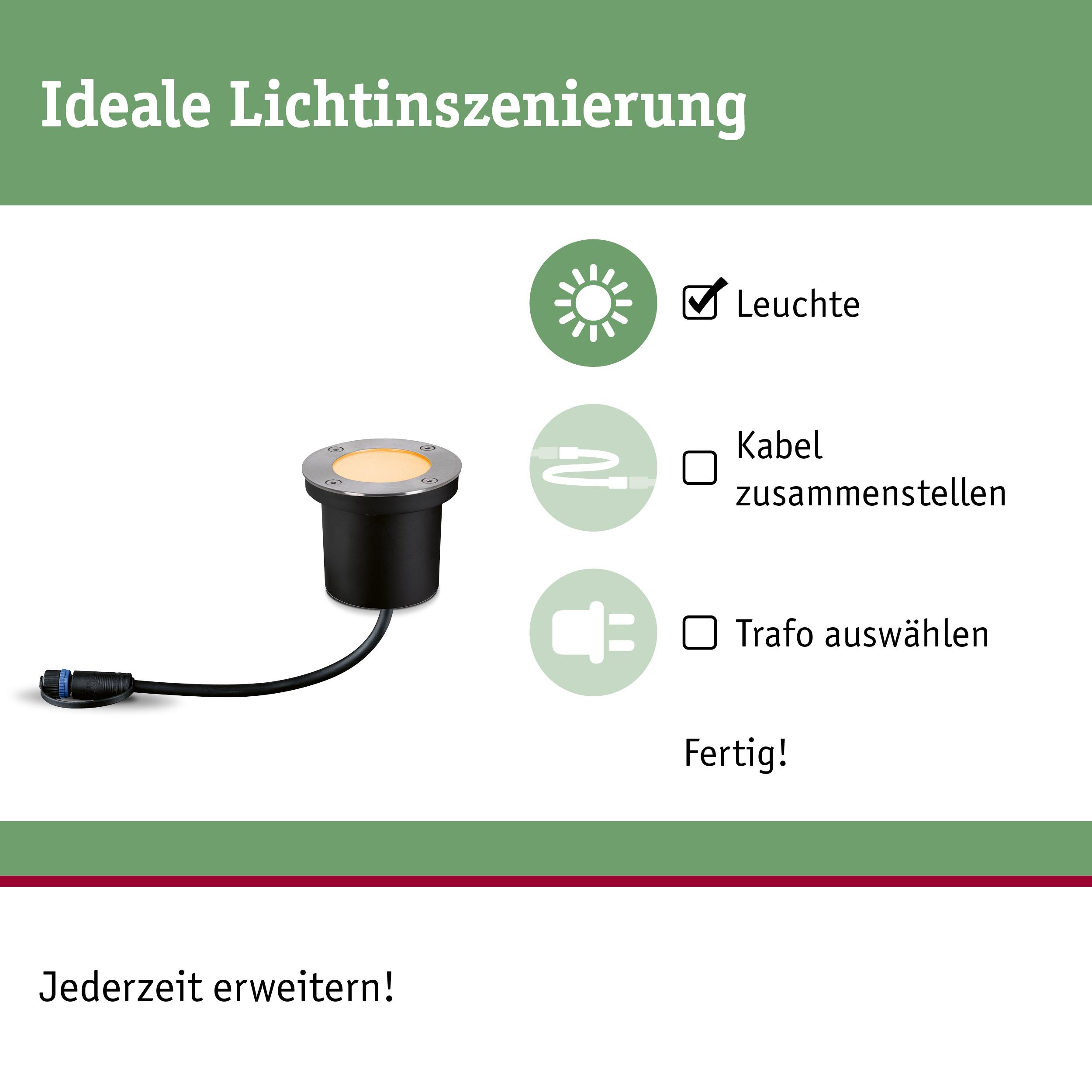 Gartenleuchte mit Kabel und Trafo-Symbolen zur Auswahl.